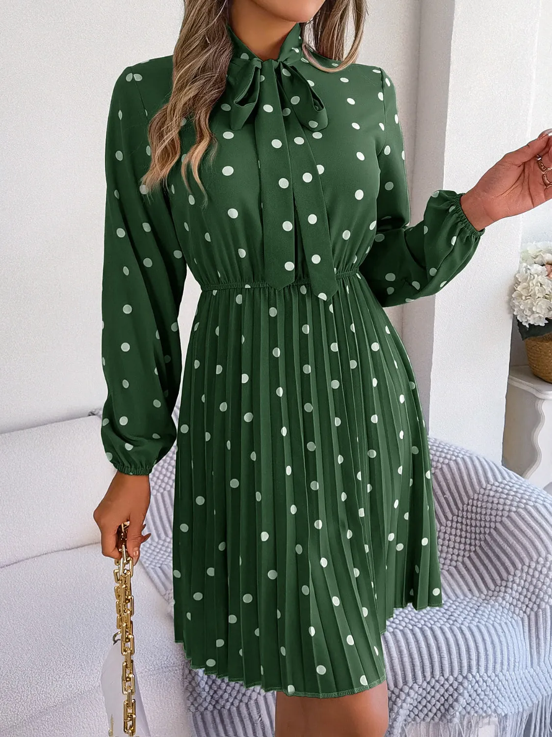 Henley Polka Dot Tie Neck Pleated Dress