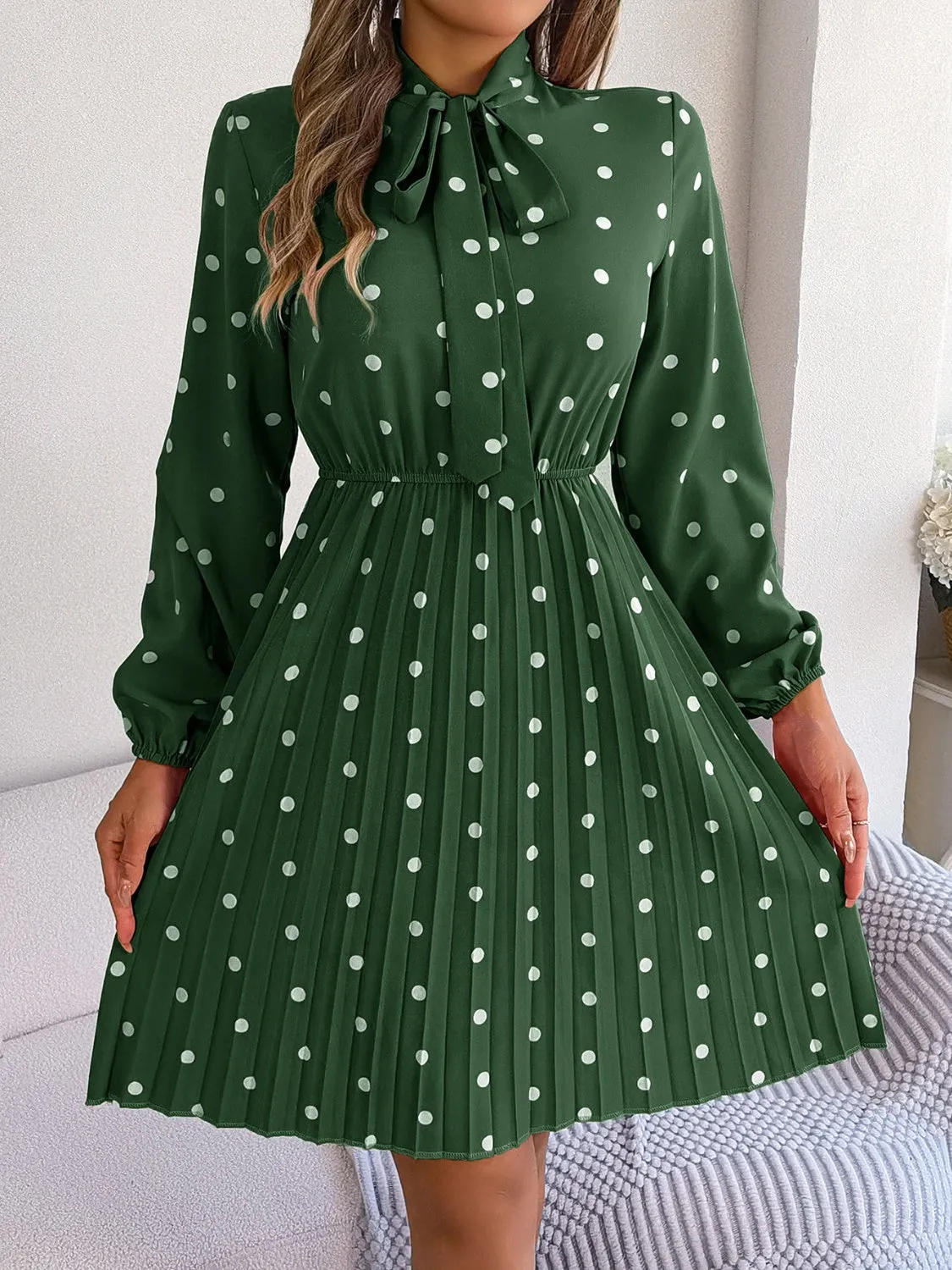 Henley Polka Dot Tie Neck Pleated Dress