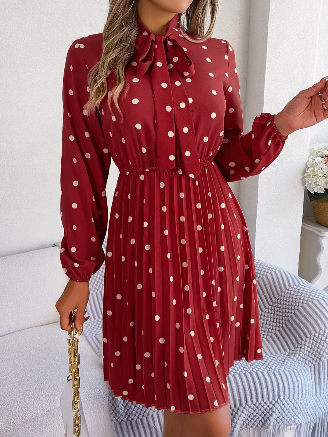 Henley Polka Dot Tie Neck Pleated Dress