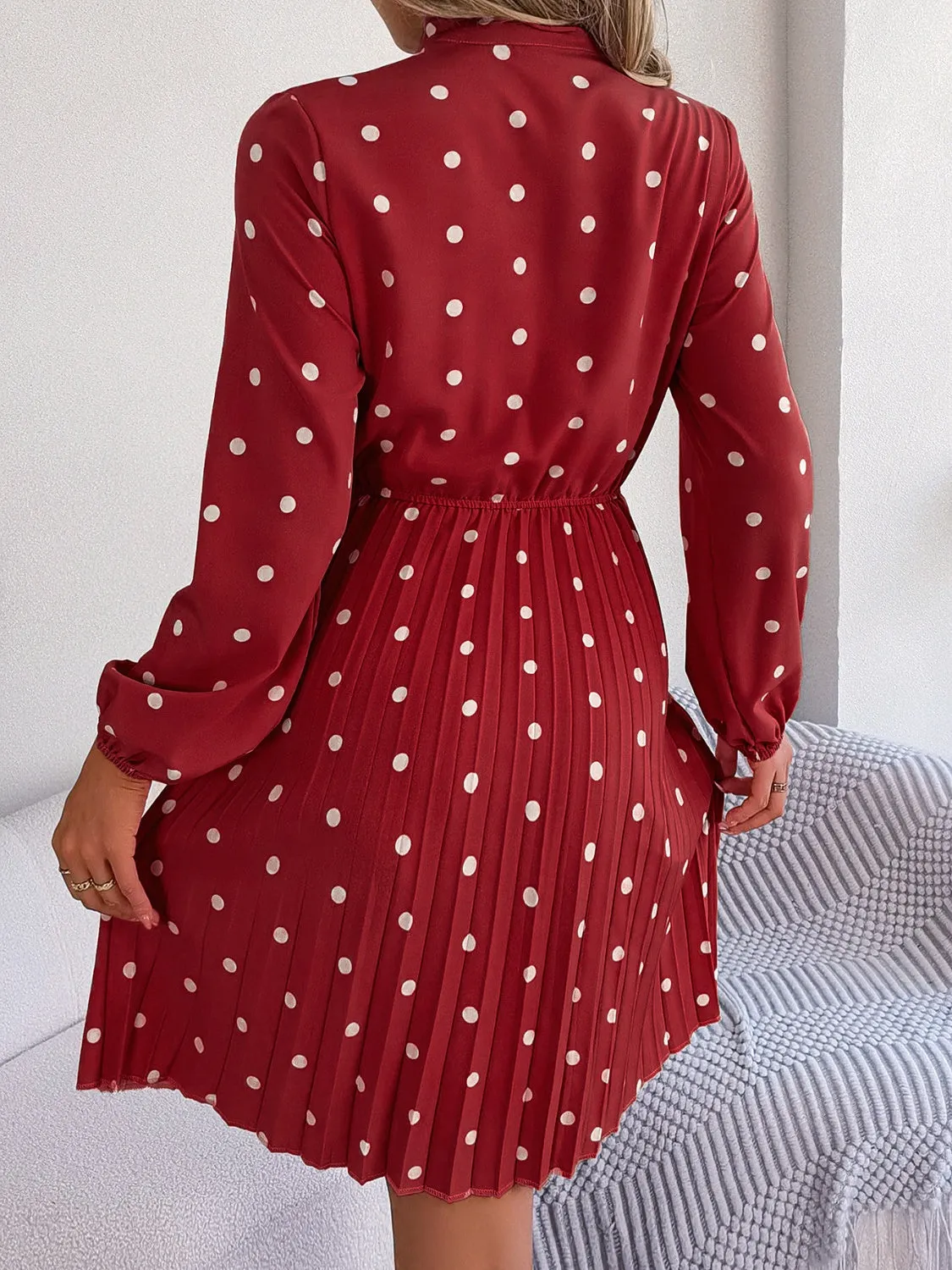 Henley Polka Dot Tie Neck Pleated Dress