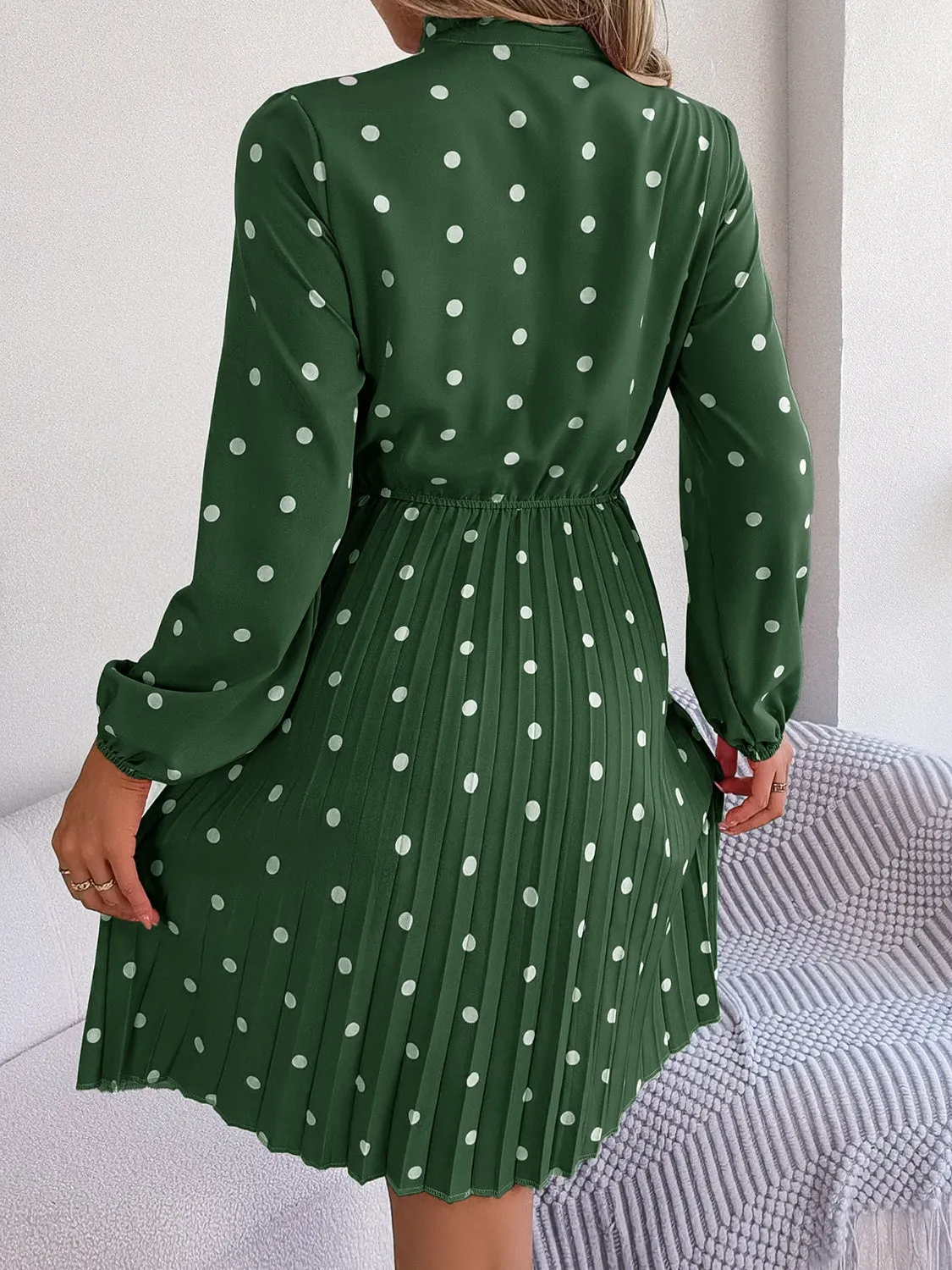 Henley Polka Dot Tie Neck Pleated Dress