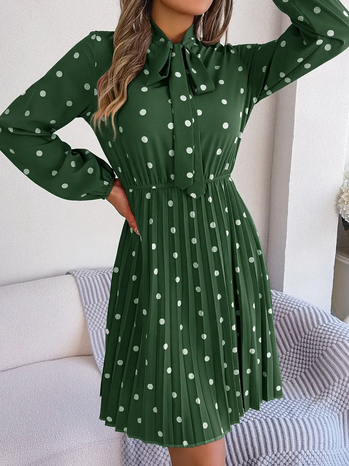Henley Polka Dot Tie Neck Pleated Dress