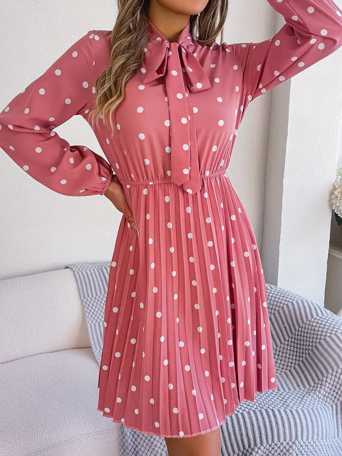 Henley Polka Dot Tie Neck Pleated Dress