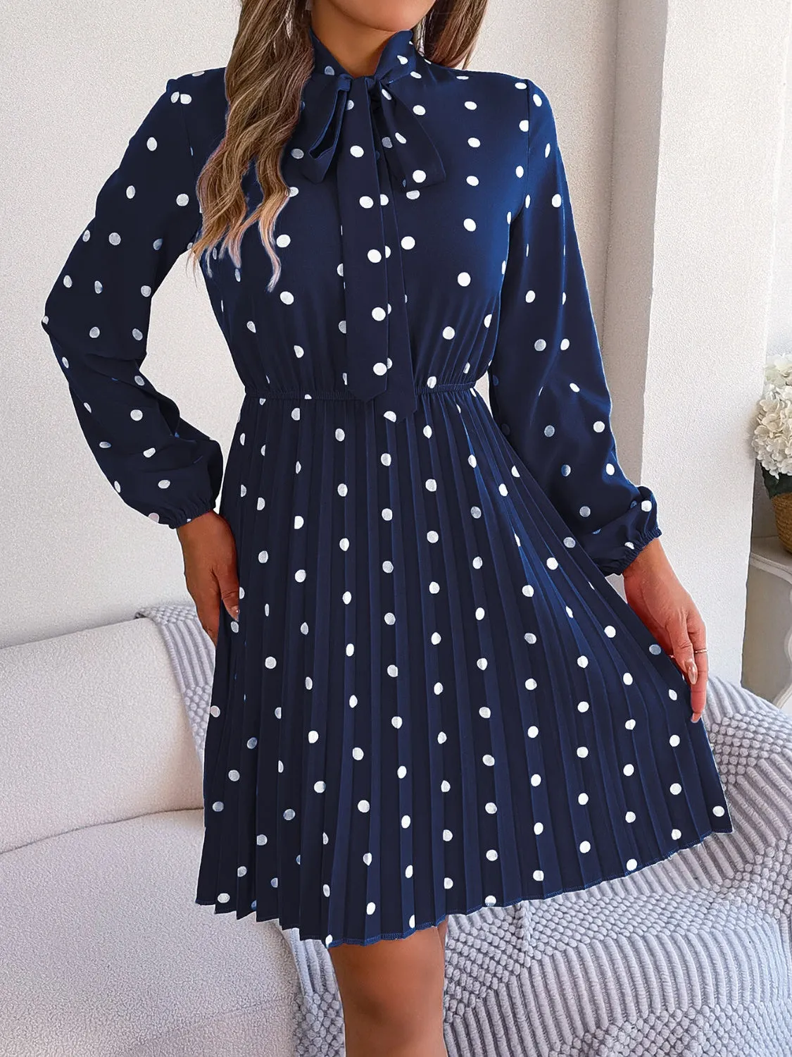 Henley Polka Dot Tie Neck Pleated Dress