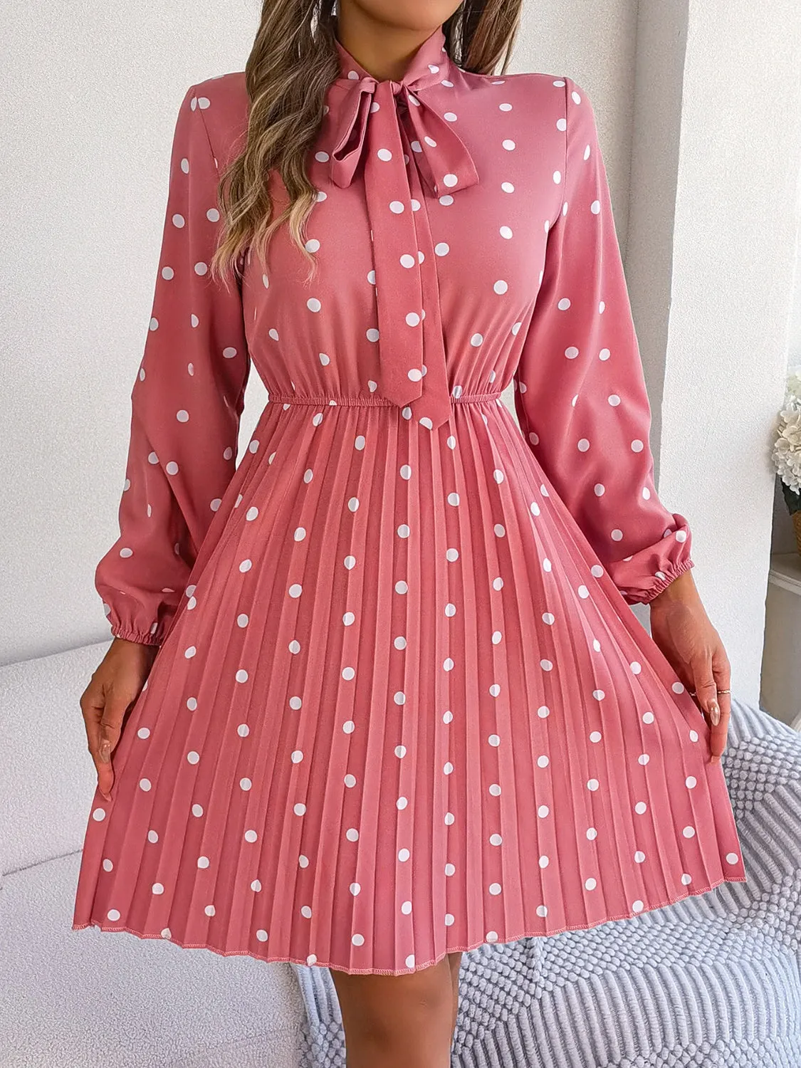 Henley Polka Dot Tie Neck Pleated Dress