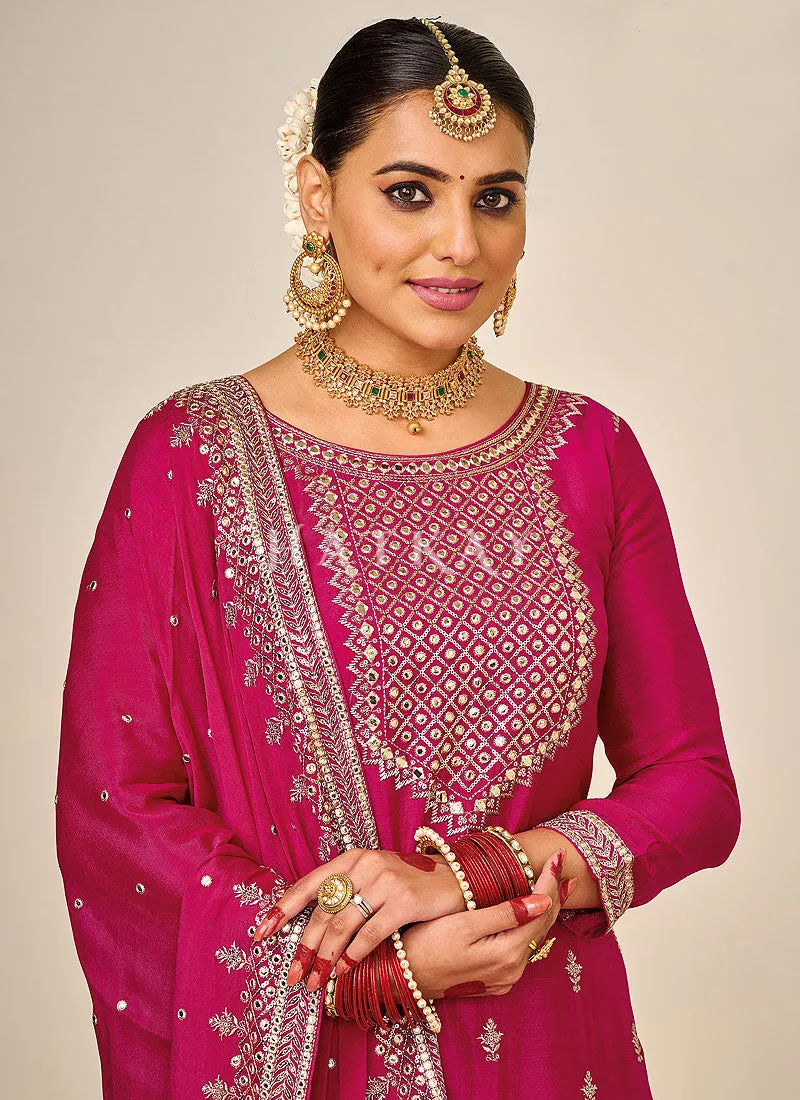 Hot Pink Embroidered Traditional Gharara Suit
