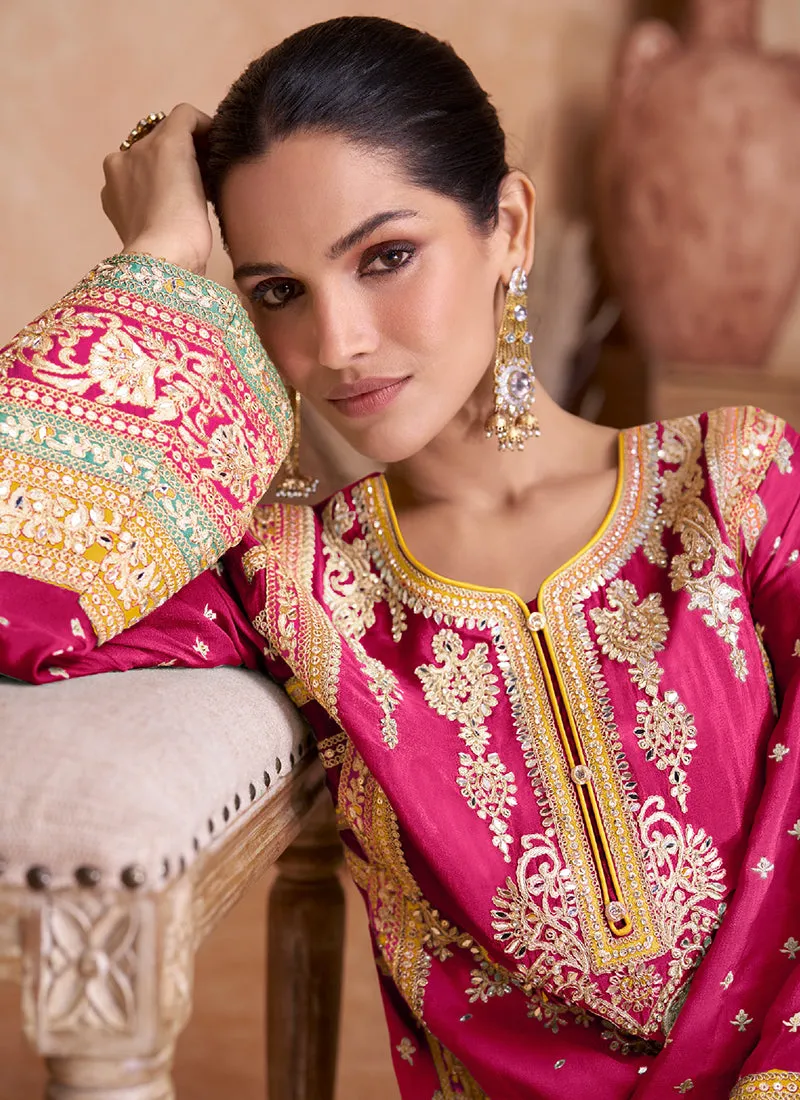Hot Pink Multi Embroidered Wedding Palazzo Suit