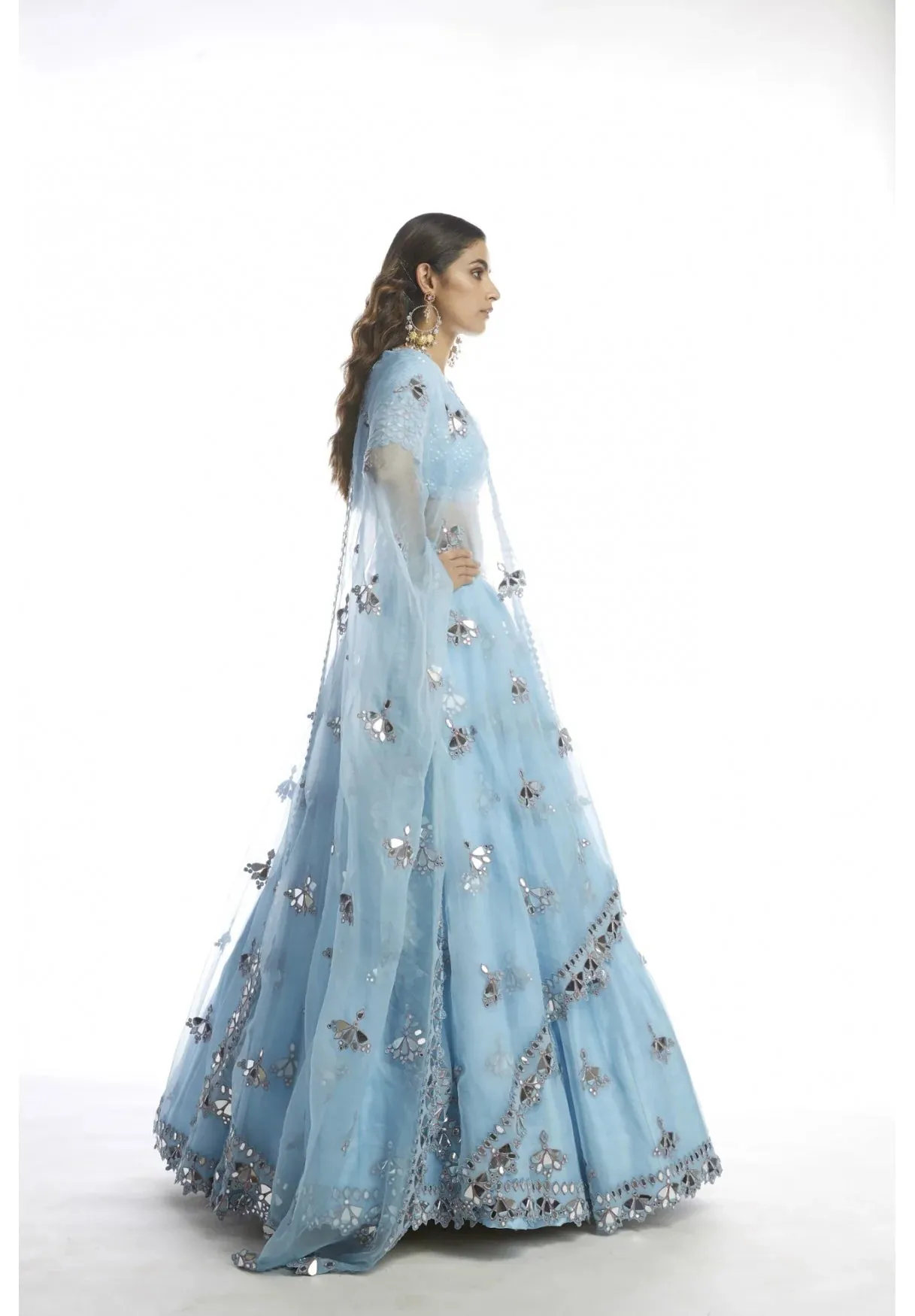 Ice Blue Knife Pleated Mirror Lehanga - Ready To Ship