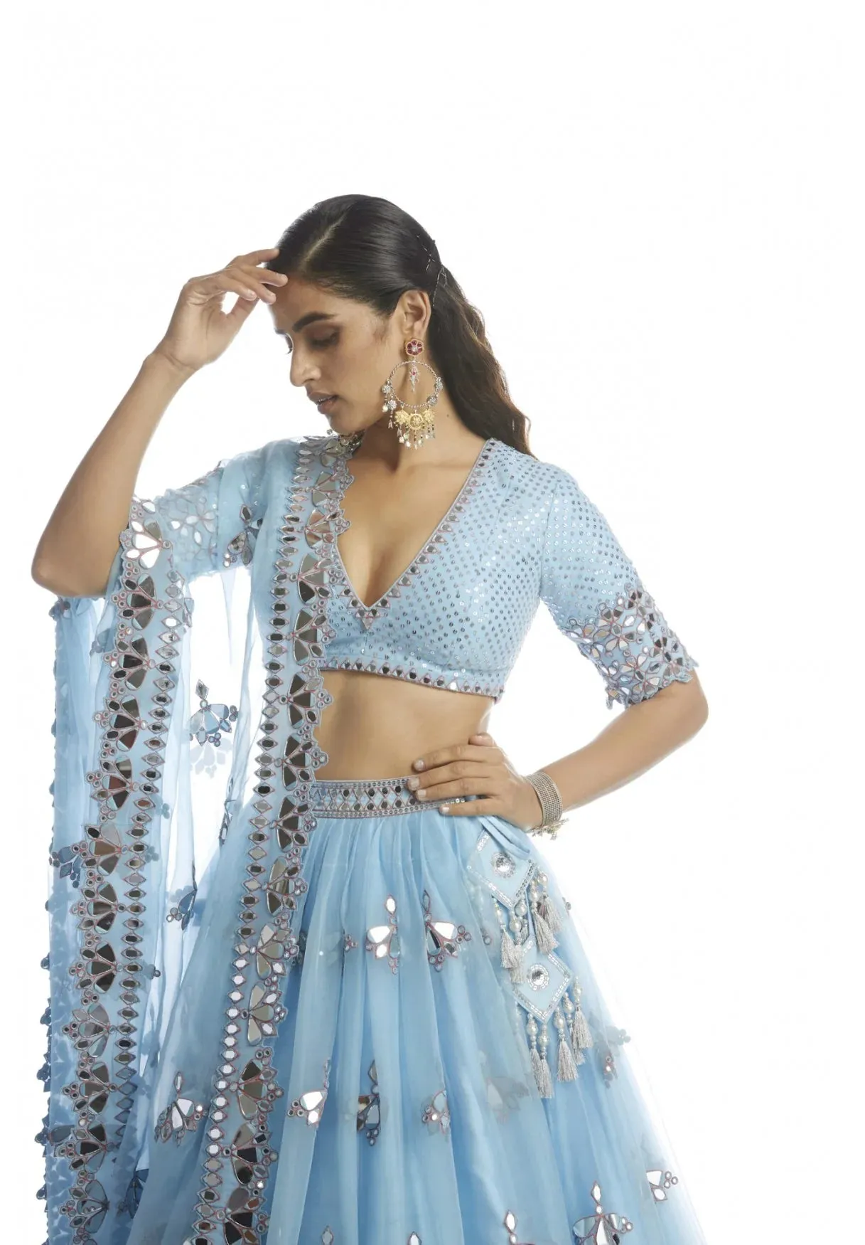 Ice Blue Knife Pleated Mirror Lehanga - Ready To Ship