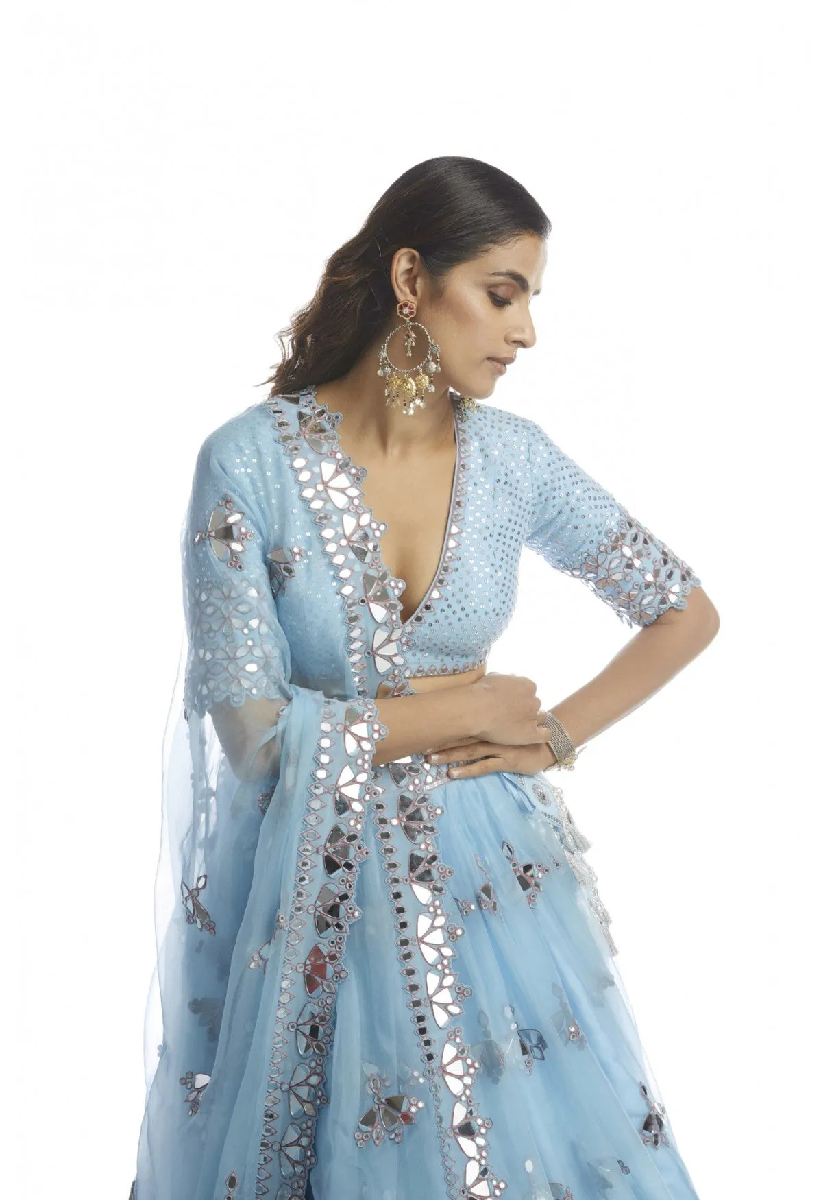 Ice Blue Knife Pleated Mirror Lehanga