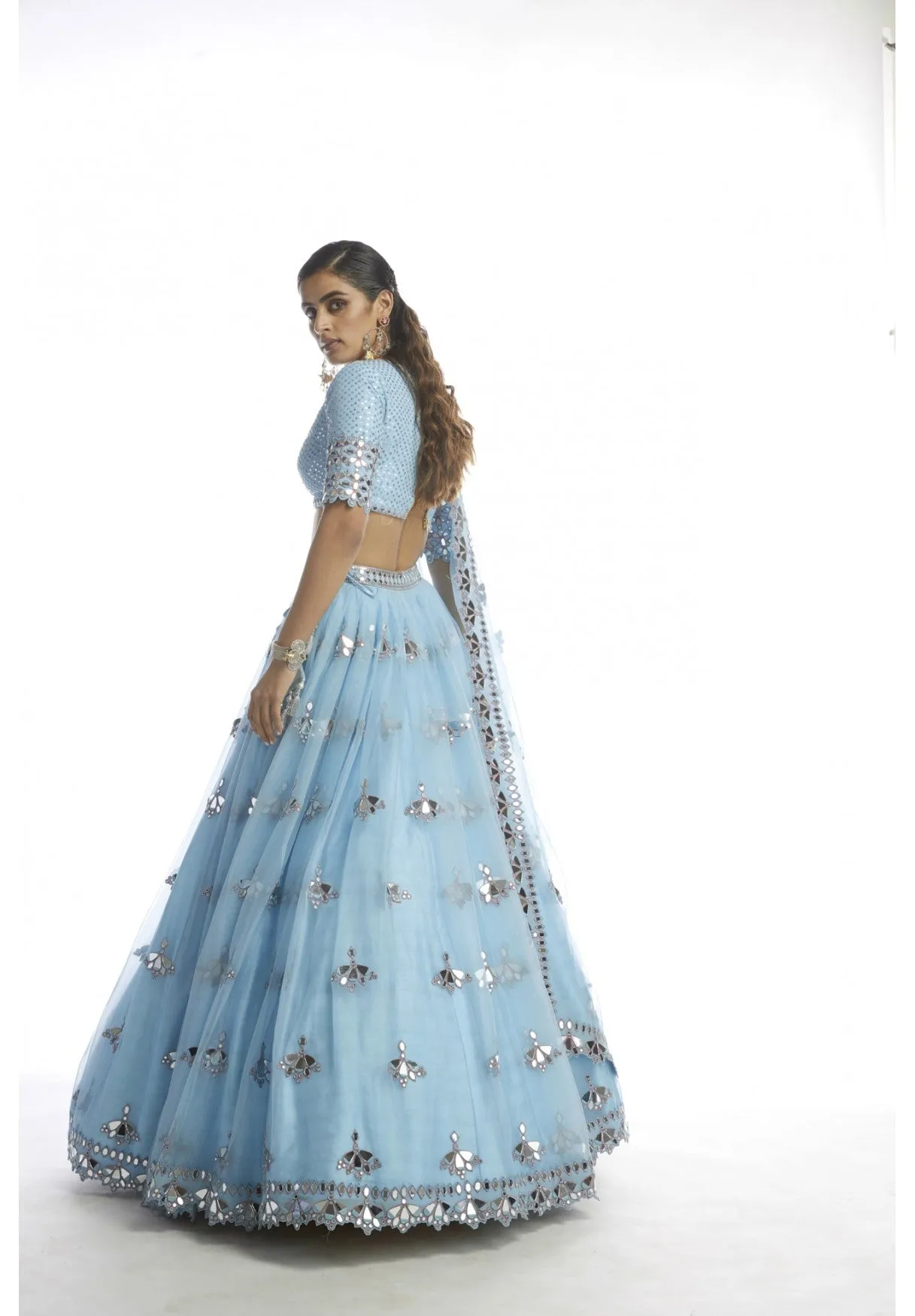 Ice Blue Knife Pleated Mirror Lehanga