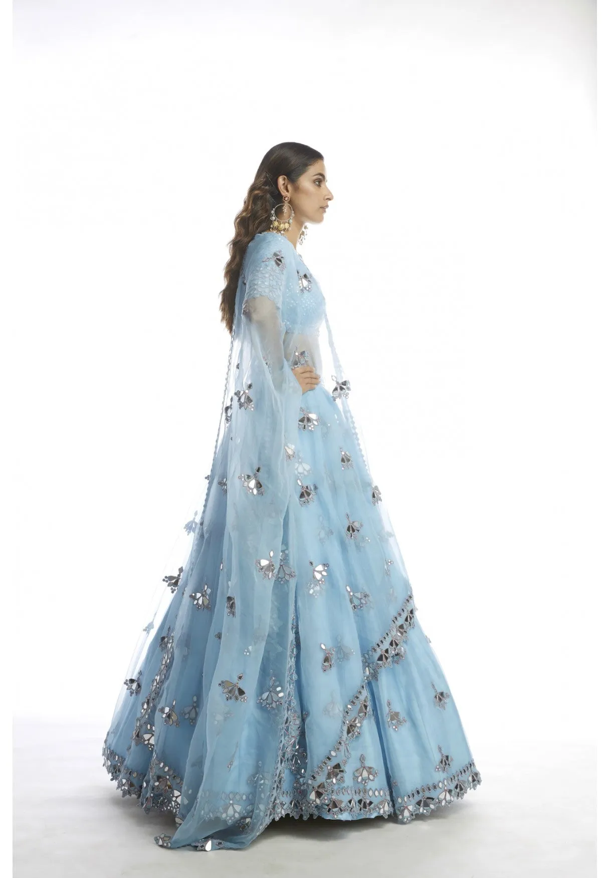 Ice Blue Knife Pleated Mirror Lehanga