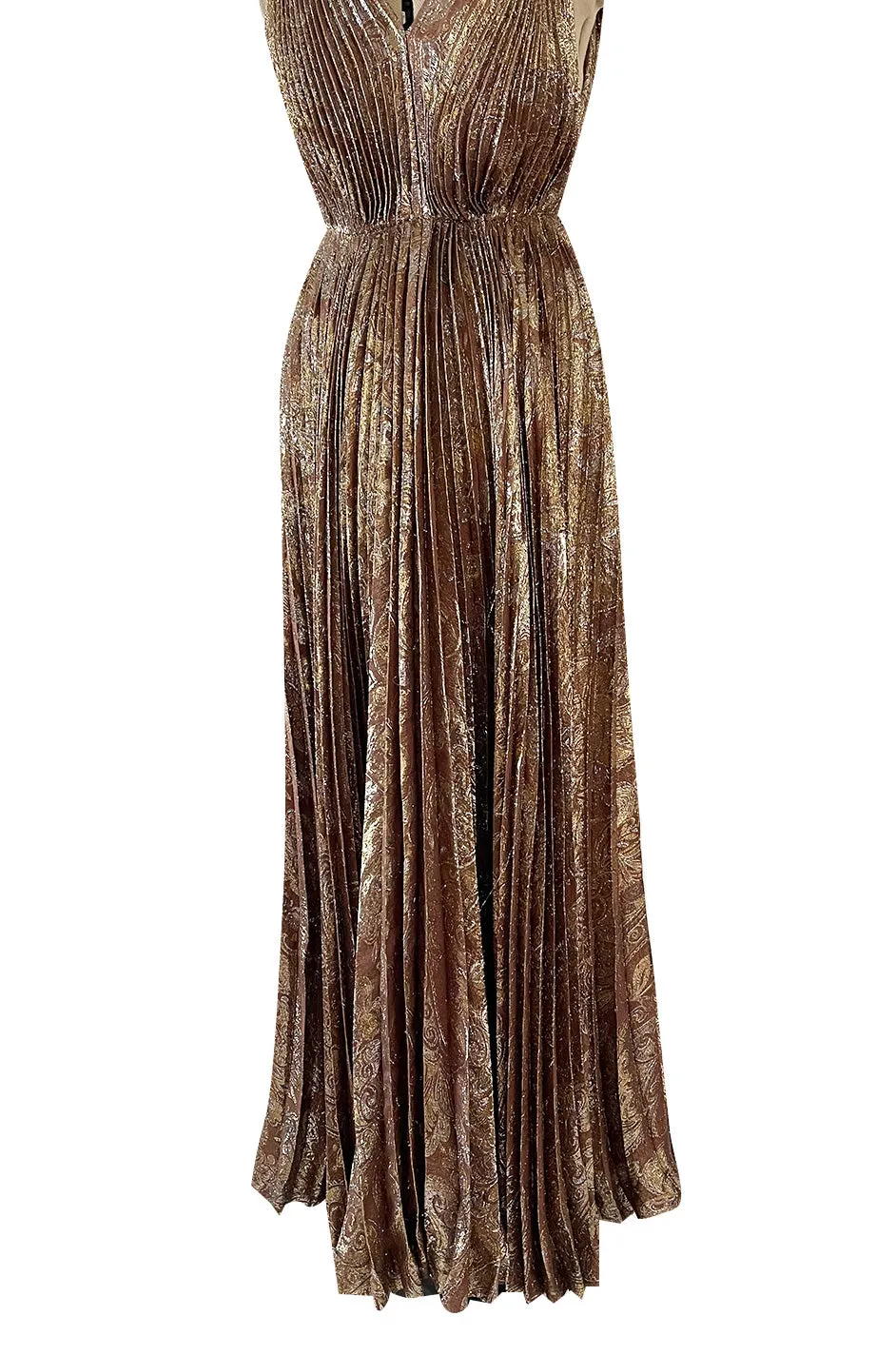 Incredible Spring 1977 Jean Patou by Angelo Tarlazzi Plunging Bronze Silk Lame Metallic Pleat Dress