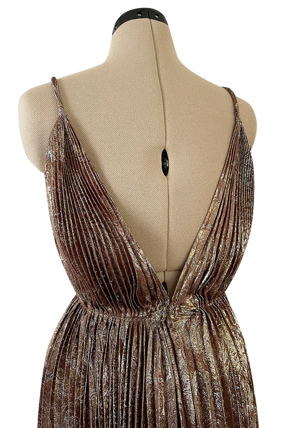 Incredible Spring 1977 Jean Patou by Angelo Tarlazzi Plunging Bronze Silk Lame Metallic Pleat Dress