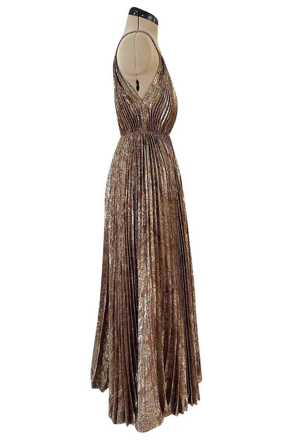 Incredible Spring 1977 Jean Patou by Angelo Tarlazzi Plunging Bronze Silk Lame Metallic Pleat Dress