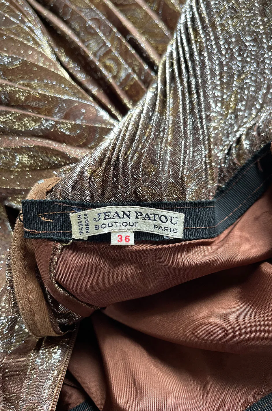 Incredible Spring 1977 Jean Patou by Angelo Tarlazzi Plunging Bronze Silk Lame Metallic Pleat Dress