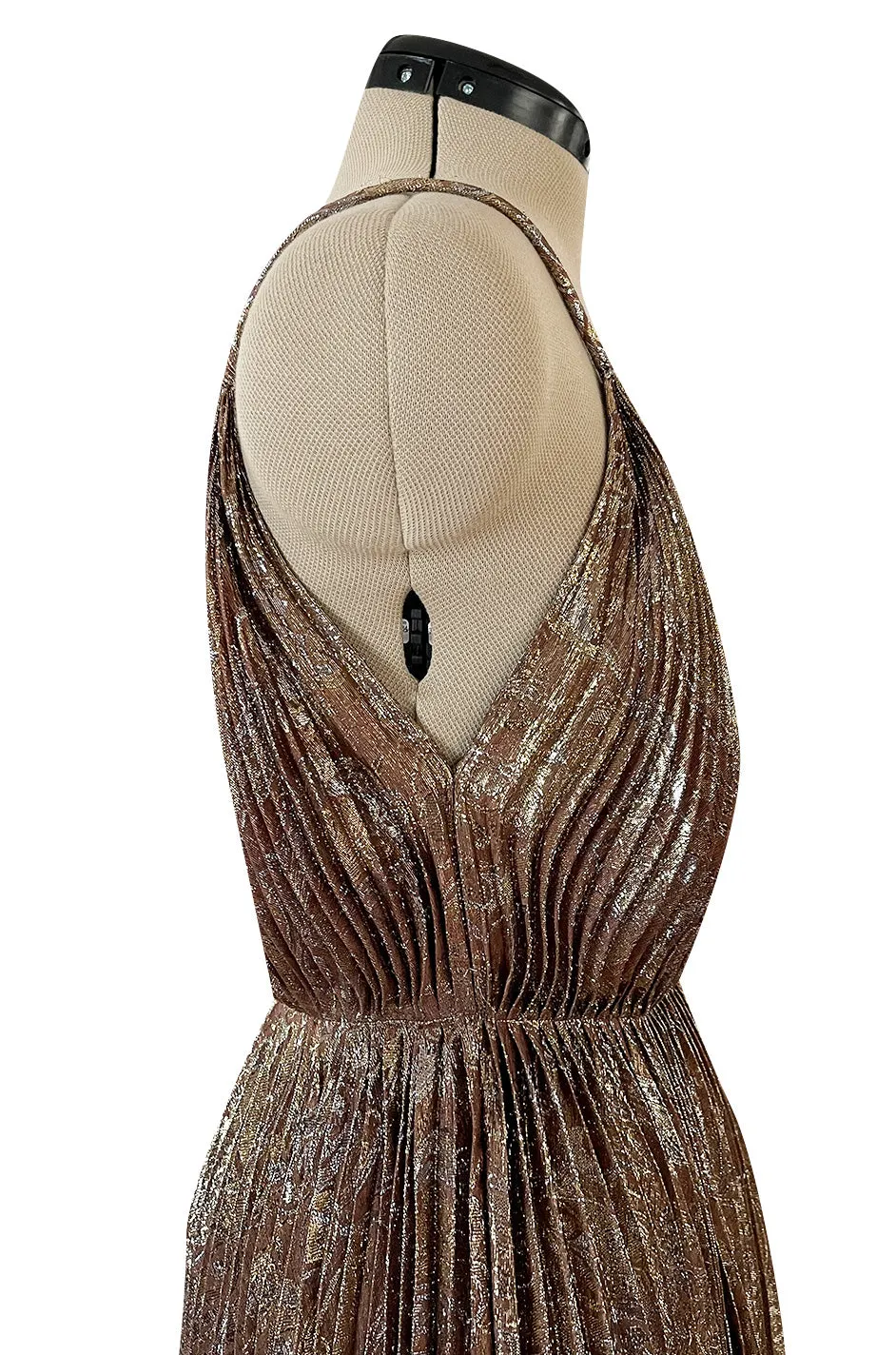 Incredible Spring 1977 Jean Patou by Angelo Tarlazzi Plunging Bronze Silk Lame Metallic Pleat Dress
