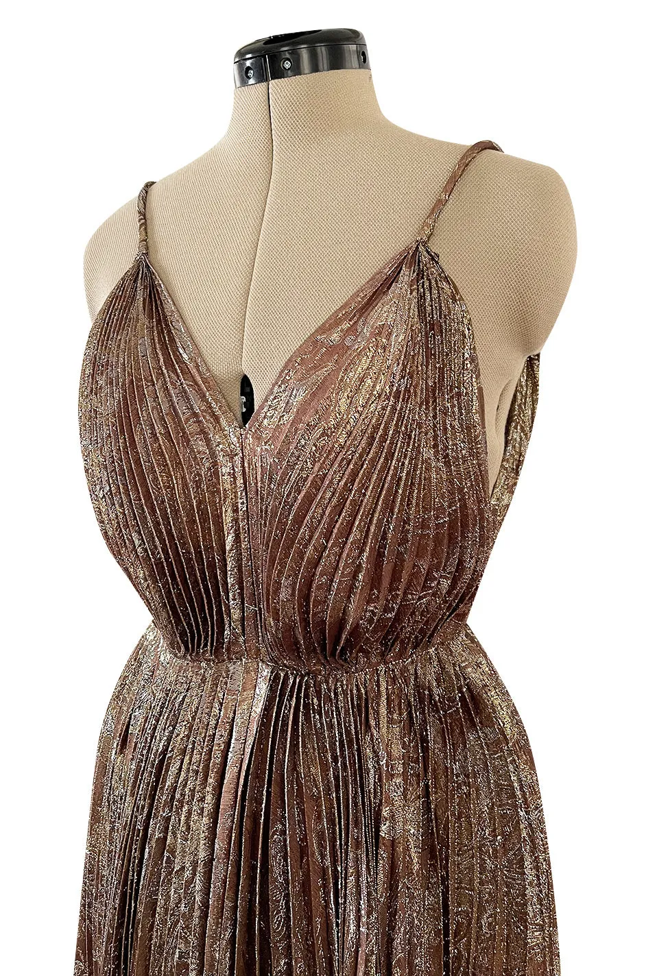 Incredible Spring 1977 Jean Patou by Angelo Tarlazzi Plunging Bronze Silk Lame Metallic Pleat Dress
