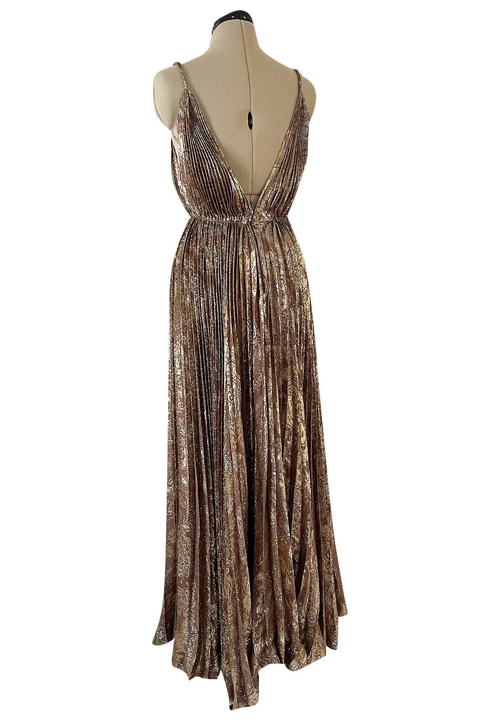 Incredible Spring 1977 Jean Patou by Angelo Tarlazzi Plunging Bronze Silk Lame Metallic Pleat Dress