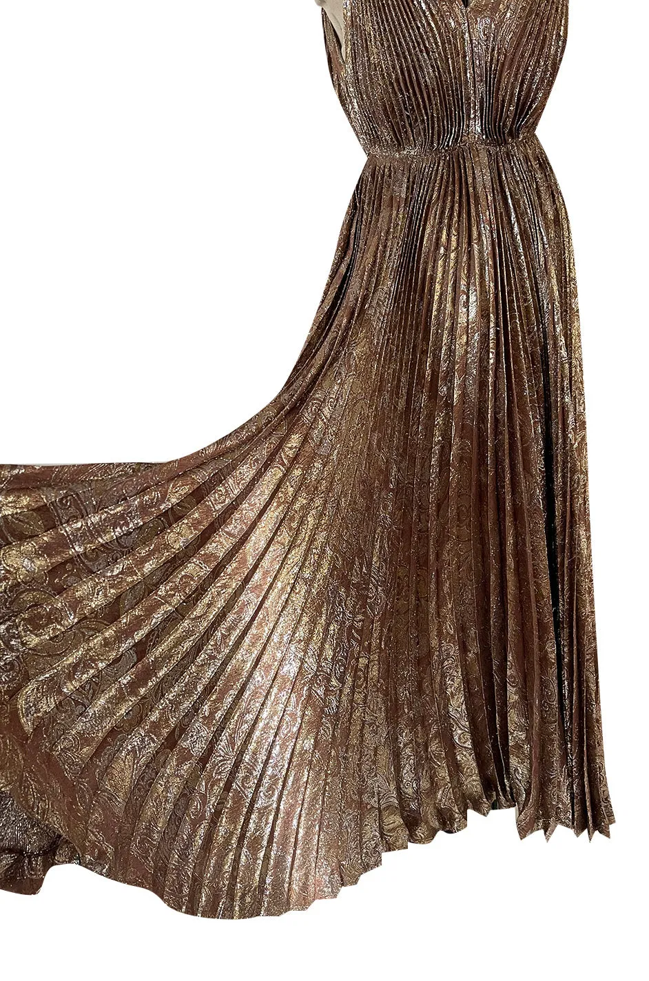 Incredible Spring 1977 Jean Patou by Angelo Tarlazzi Plunging Bronze Silk Lame Metallic Pleat Dress