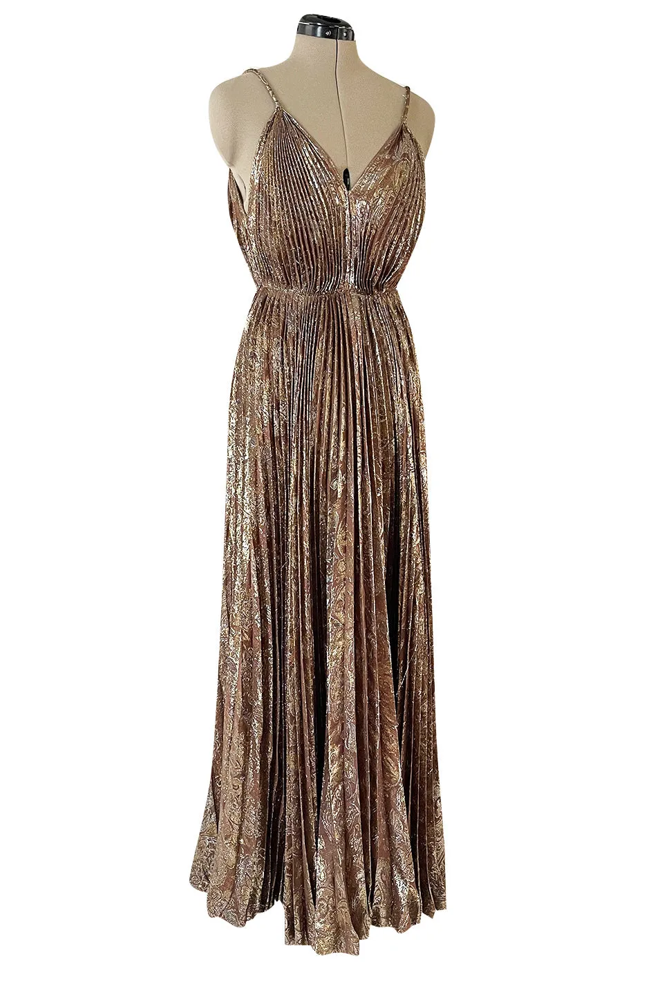 Incredible Spring 1977 Jean Patou by Angelo Tarlazzi Plunging Bronze Silk Lame Metallic Pleat Dress