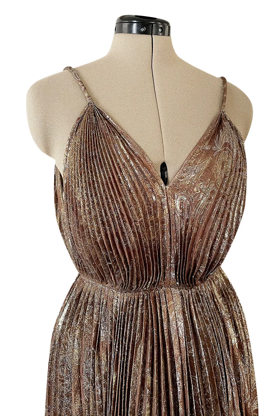 Incredible Spring 1977 Jean Patou by Angelo Tarlazzi Plunging Bronze Silk Lame Metallic Pleat Dress