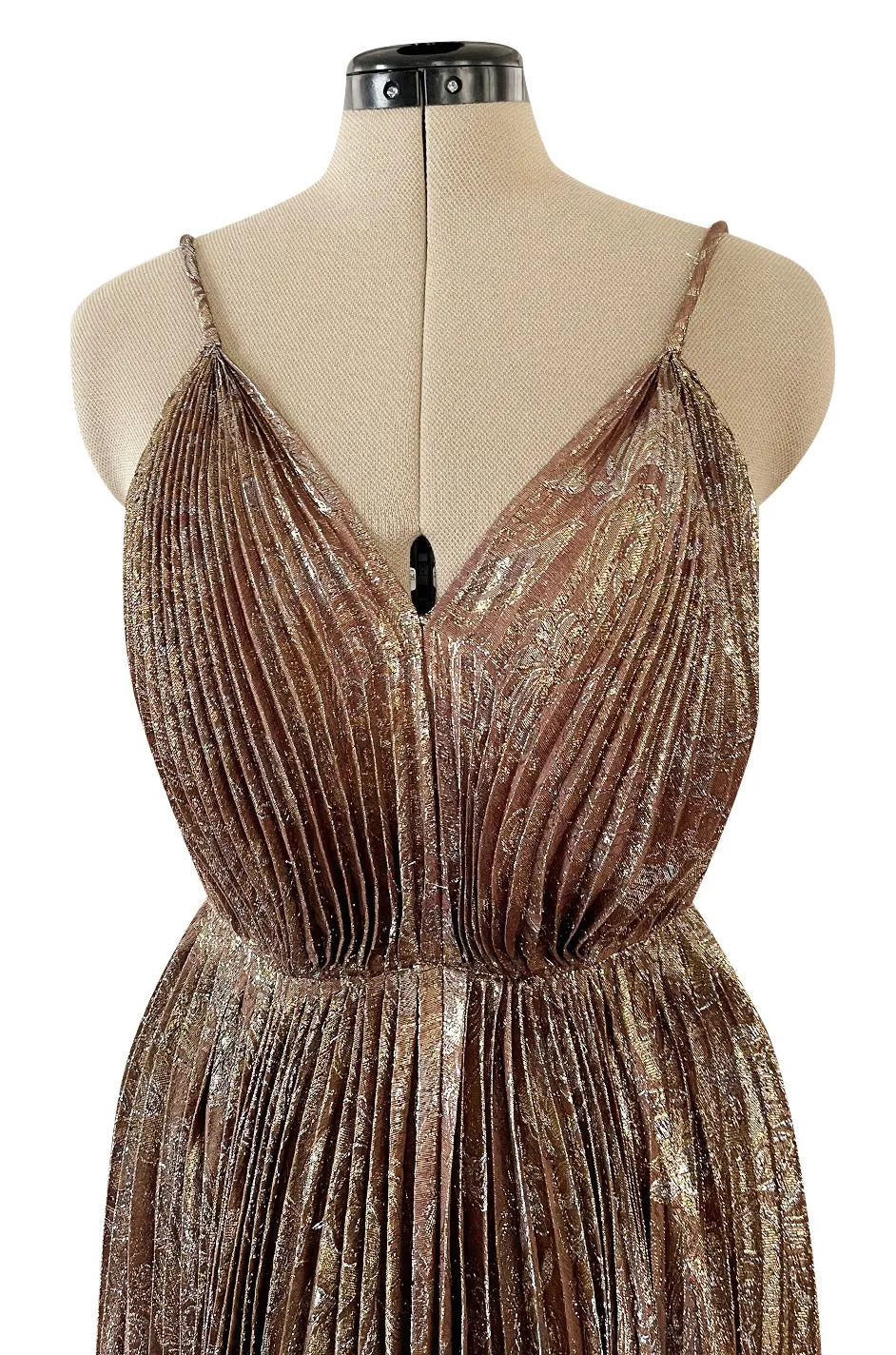 Incredible Spring 1977 Jean Patou by Angelo Tarlazzi Plunging Bronze Silk Lame Metallic Pleat Dress