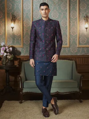 Jacquard Kurta Bandi Set in Navy Blue