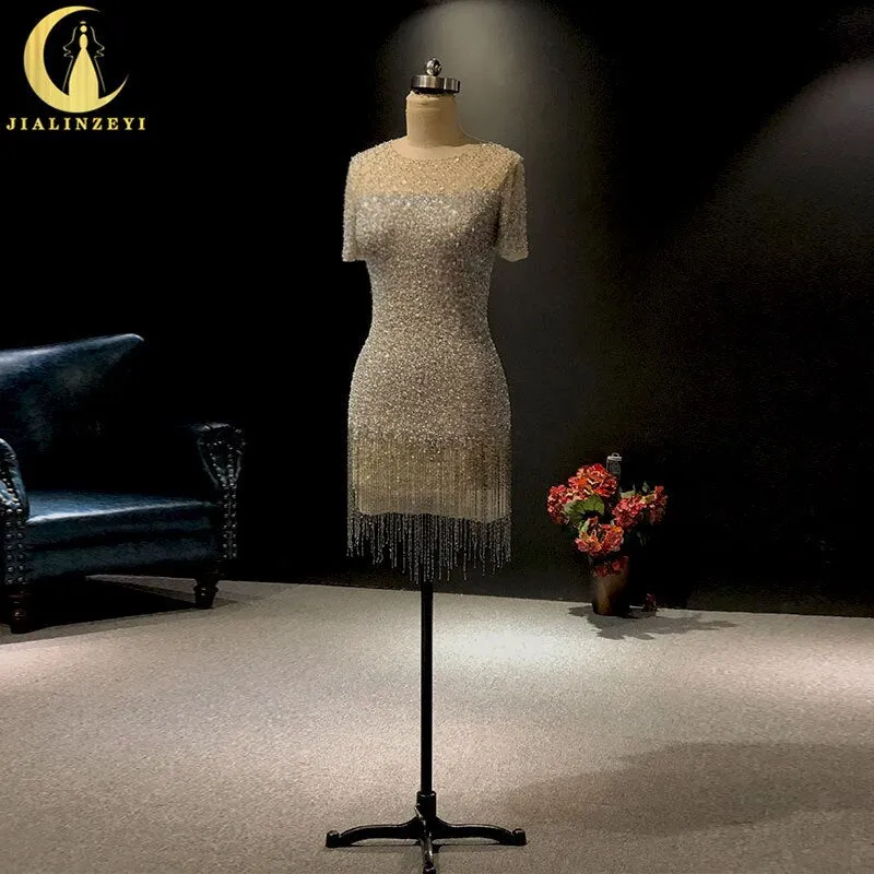 JIALINZEYI Real Picture Sexy Short Sleeves Beads Full Hand work Prom Dresses Party Dresses 2019