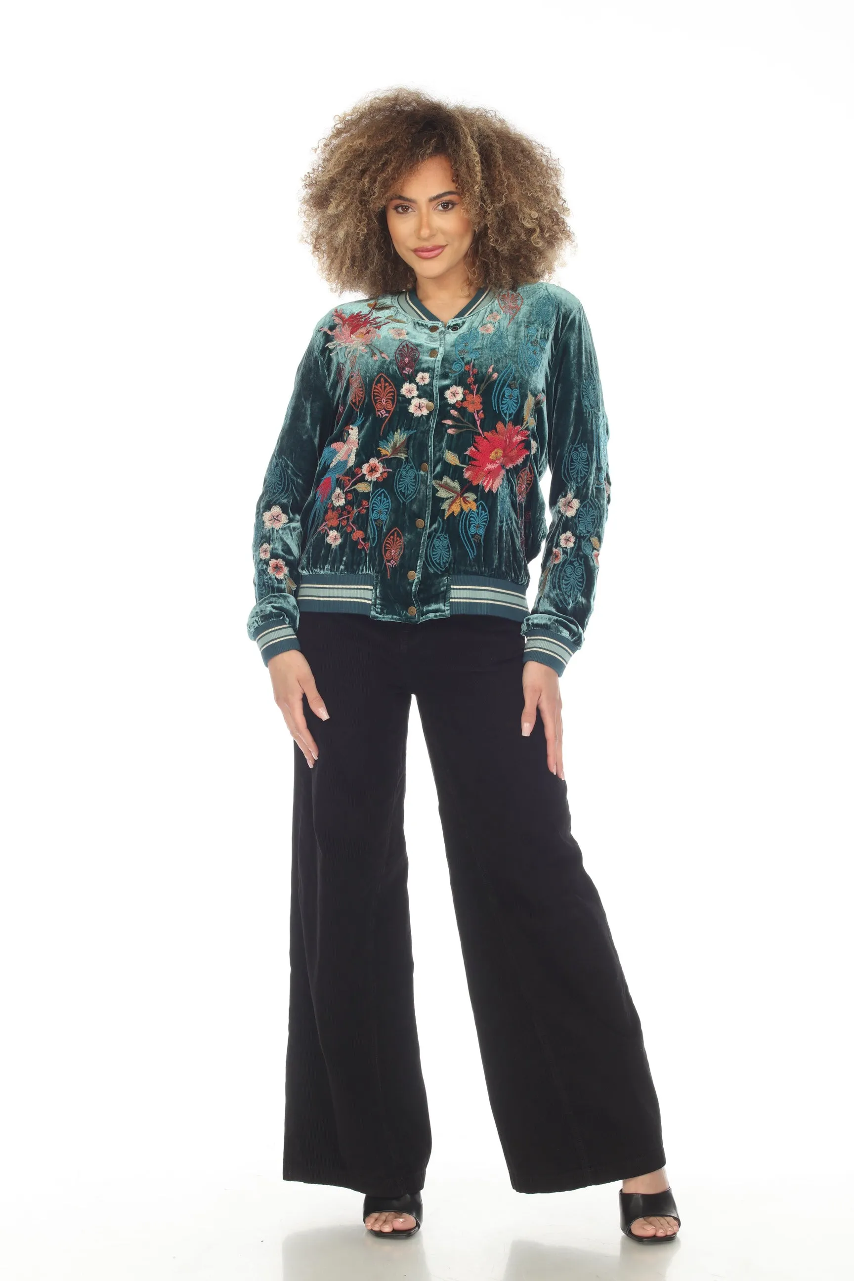 Johnny Was JWLA Ashira Velvet Embroidered Snap Front Bomber Jacket Boho Chic J48623