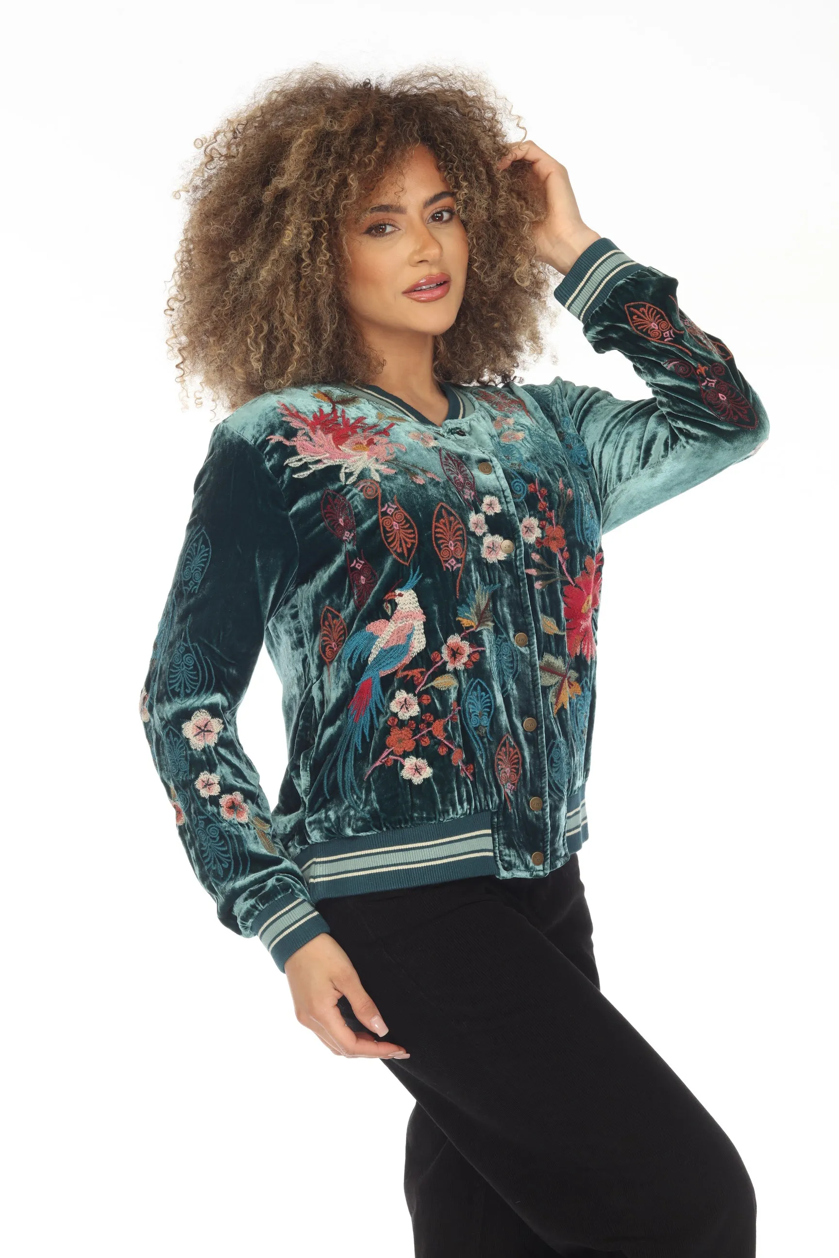 Johnny Was JWLA Ashira Velvet Embroidered Snap Front Bomber Jacket Boho Chic J48623