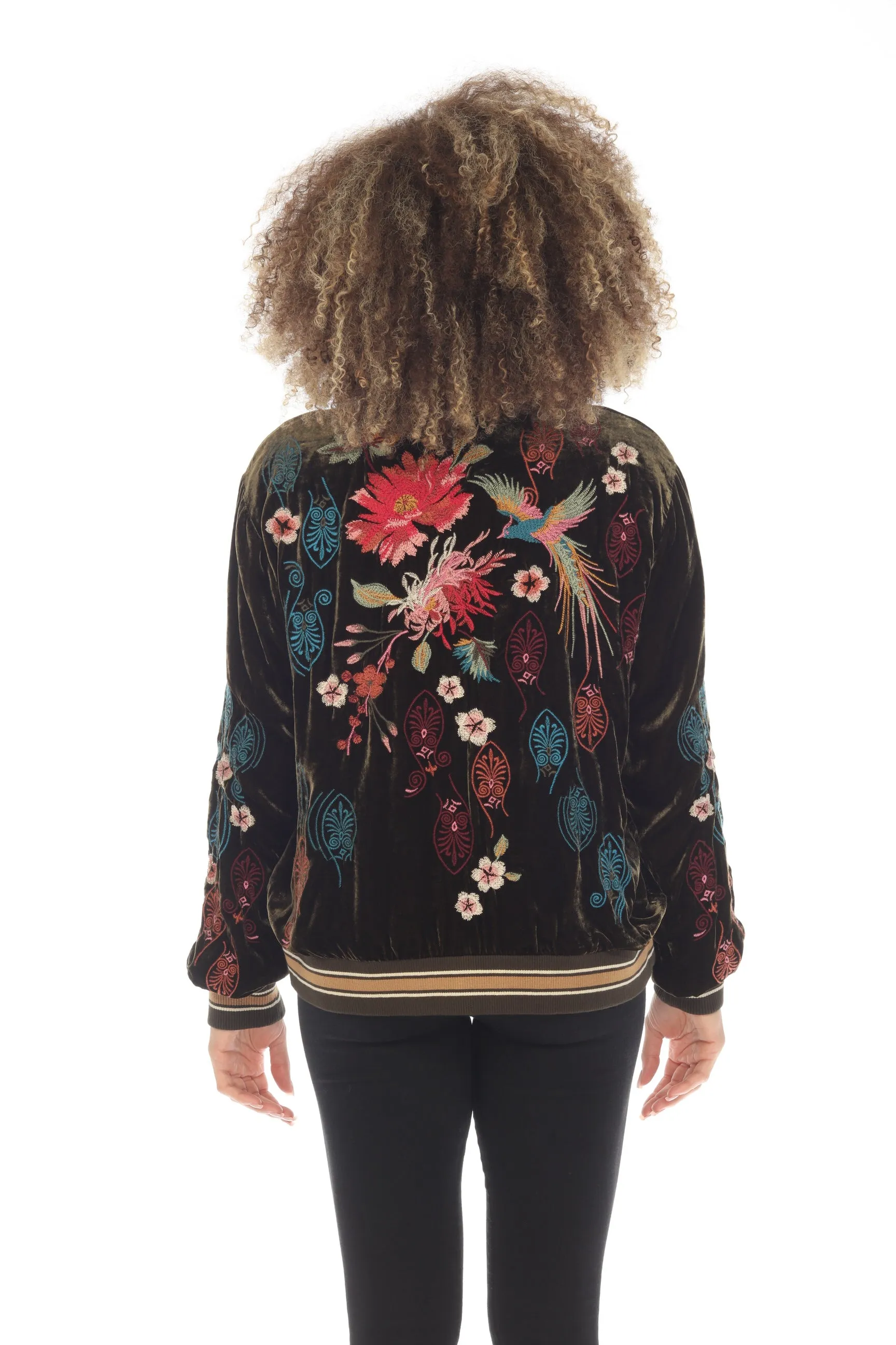 Johnny Was JWLA Ashira Velvet Embroidered Snap Front Bomber Jacket Boho Chic J48623