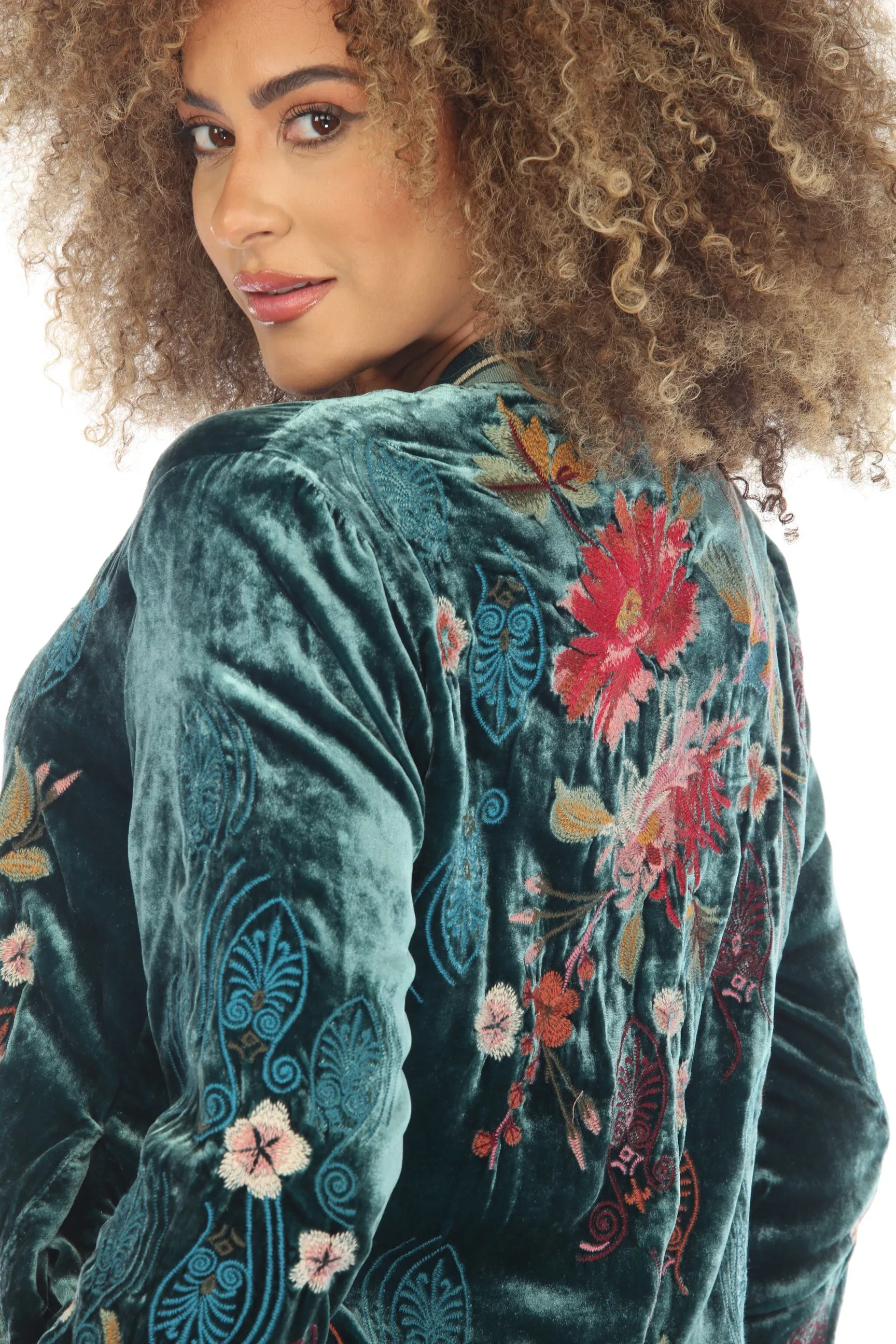 Johnny Was JWLA Ashira Velvet Embroidered Snap Front Bomber Jacket Boho Chic J48623