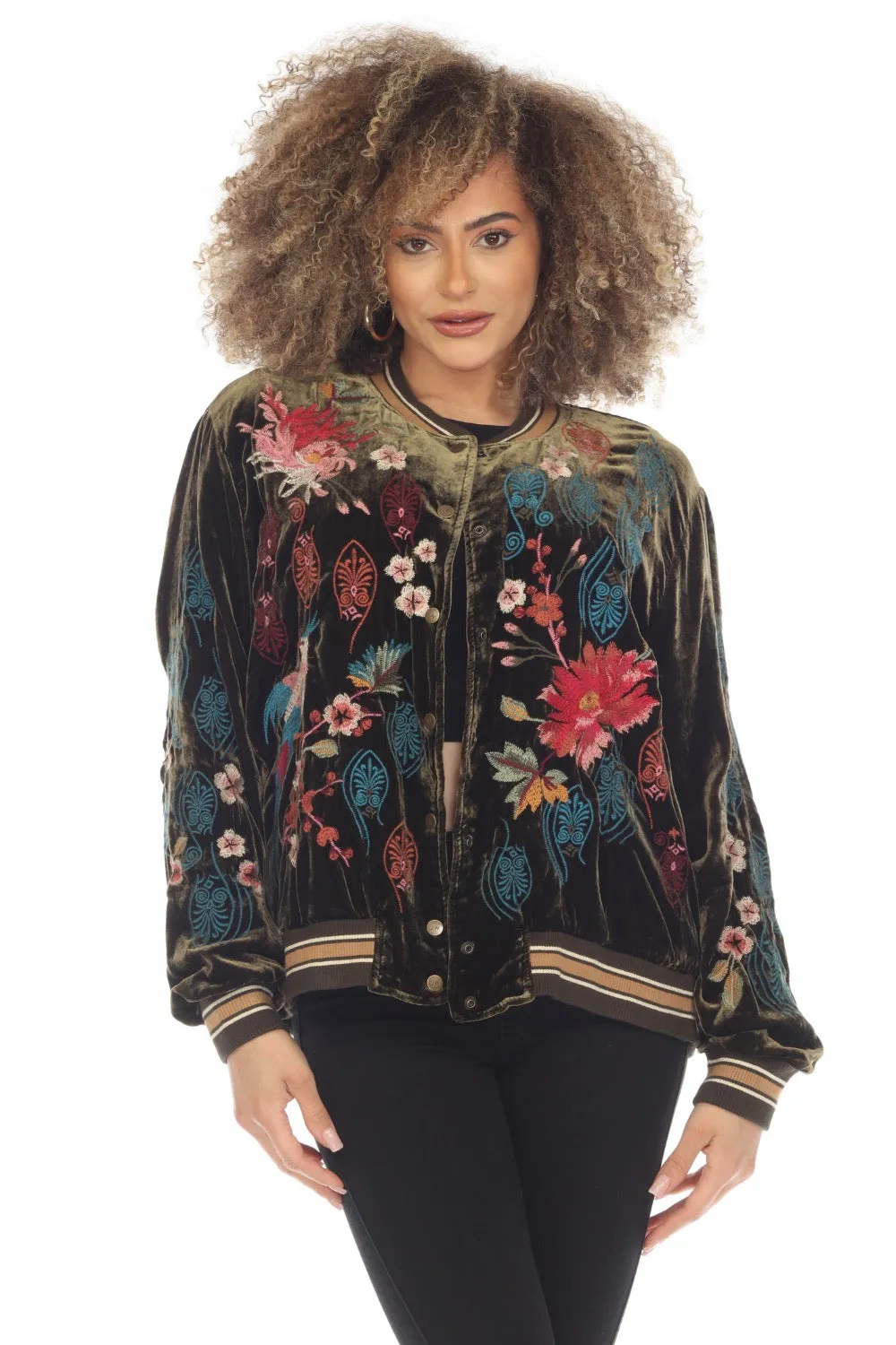 Johnny Was JWLA Ashira Velvet Embroidered Snap Front Bomber Jacket Boho Chic J48623