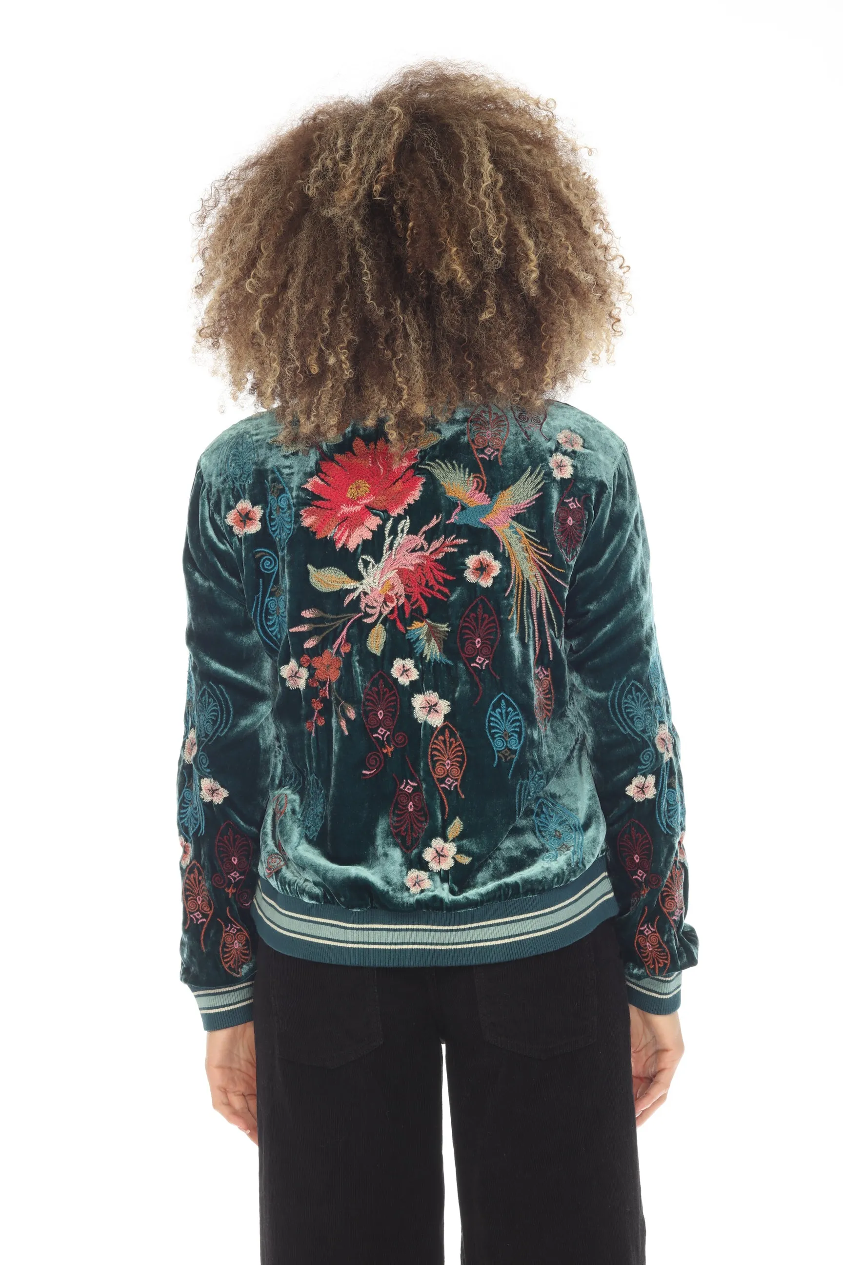 Johnny Was JWLA Ashira Velvet Embroidered Snap Front Bomber Jacket Boho Chic J48623