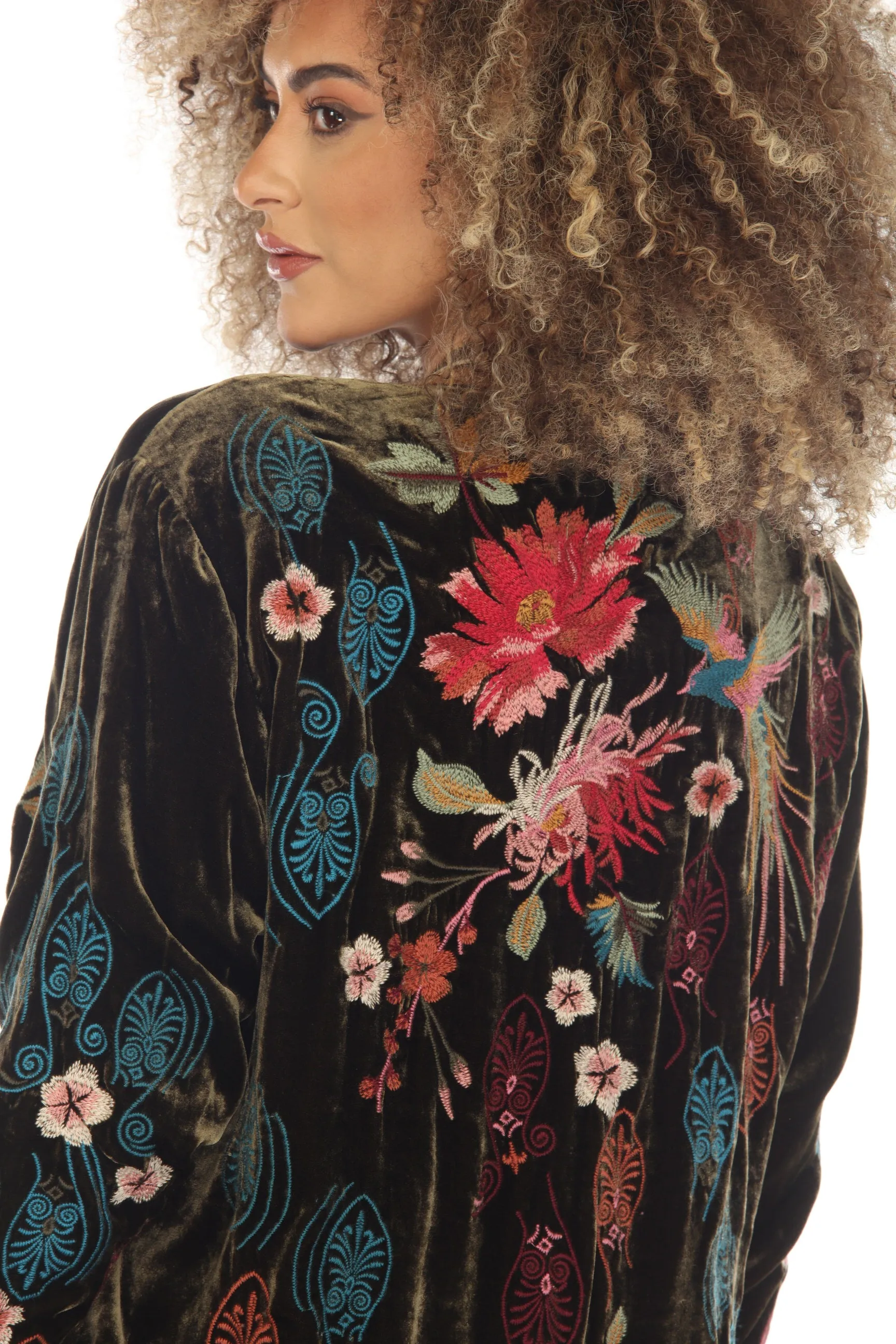 Johnny Was JWLA Ashira Velvet Embroidered Snap Front Bomber Jacket Boho Chic J48623