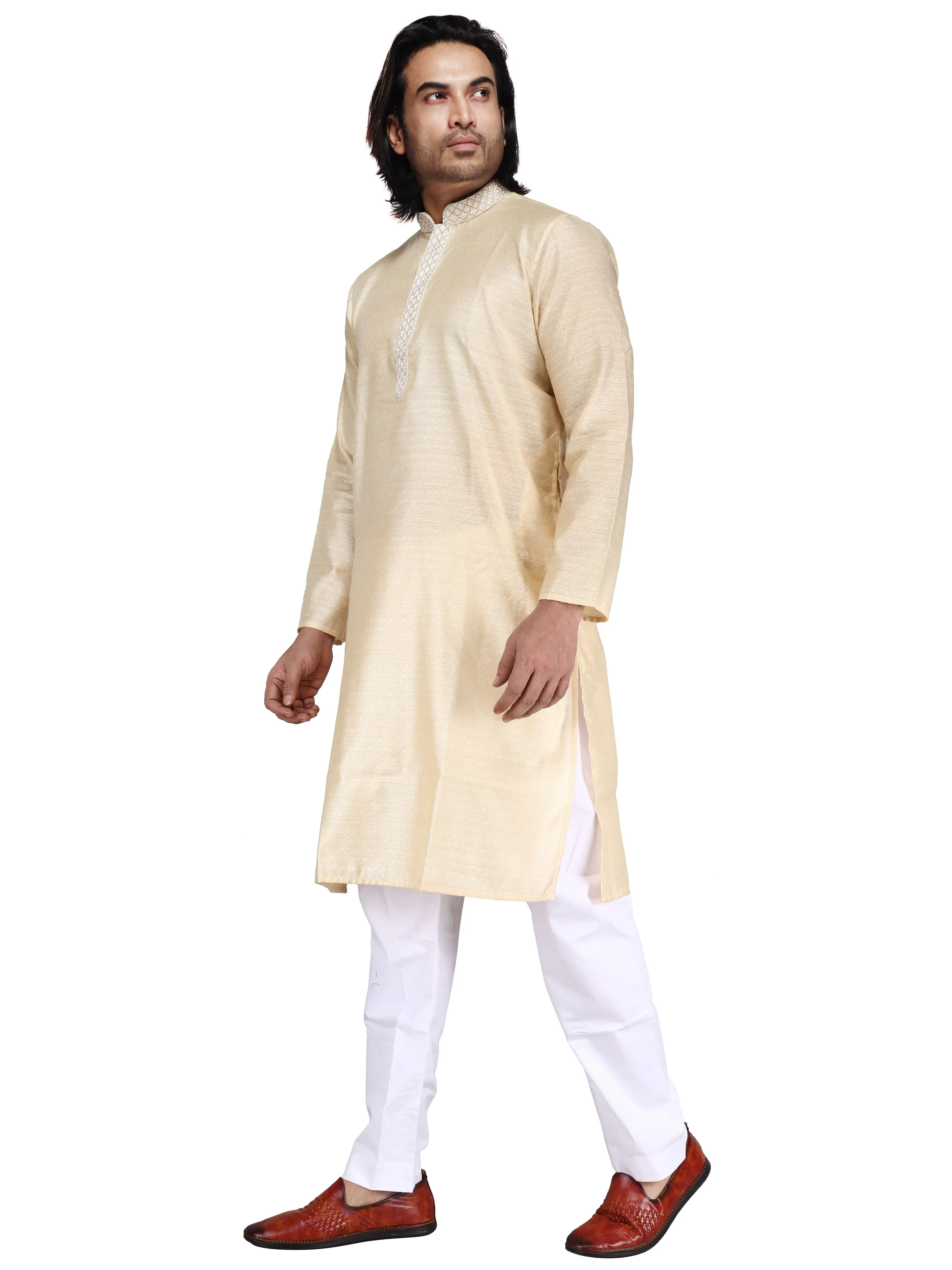 Klassic Men's Cotton Silk Blend Beige Regular Fit Kurta with Floral Neck Detailing