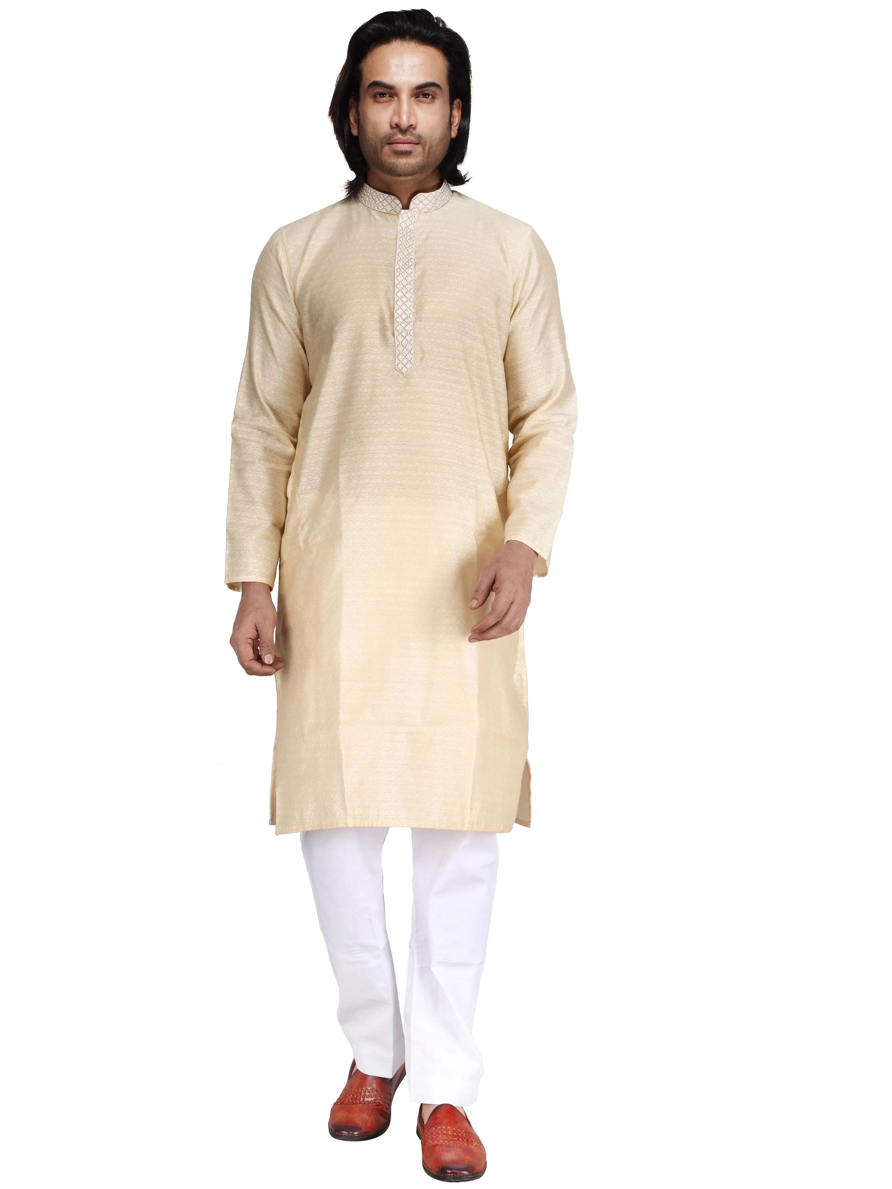 Klassic Men's Cotton Silk Blend Beige Regular Fit Kurta with Floral Neck Detailing