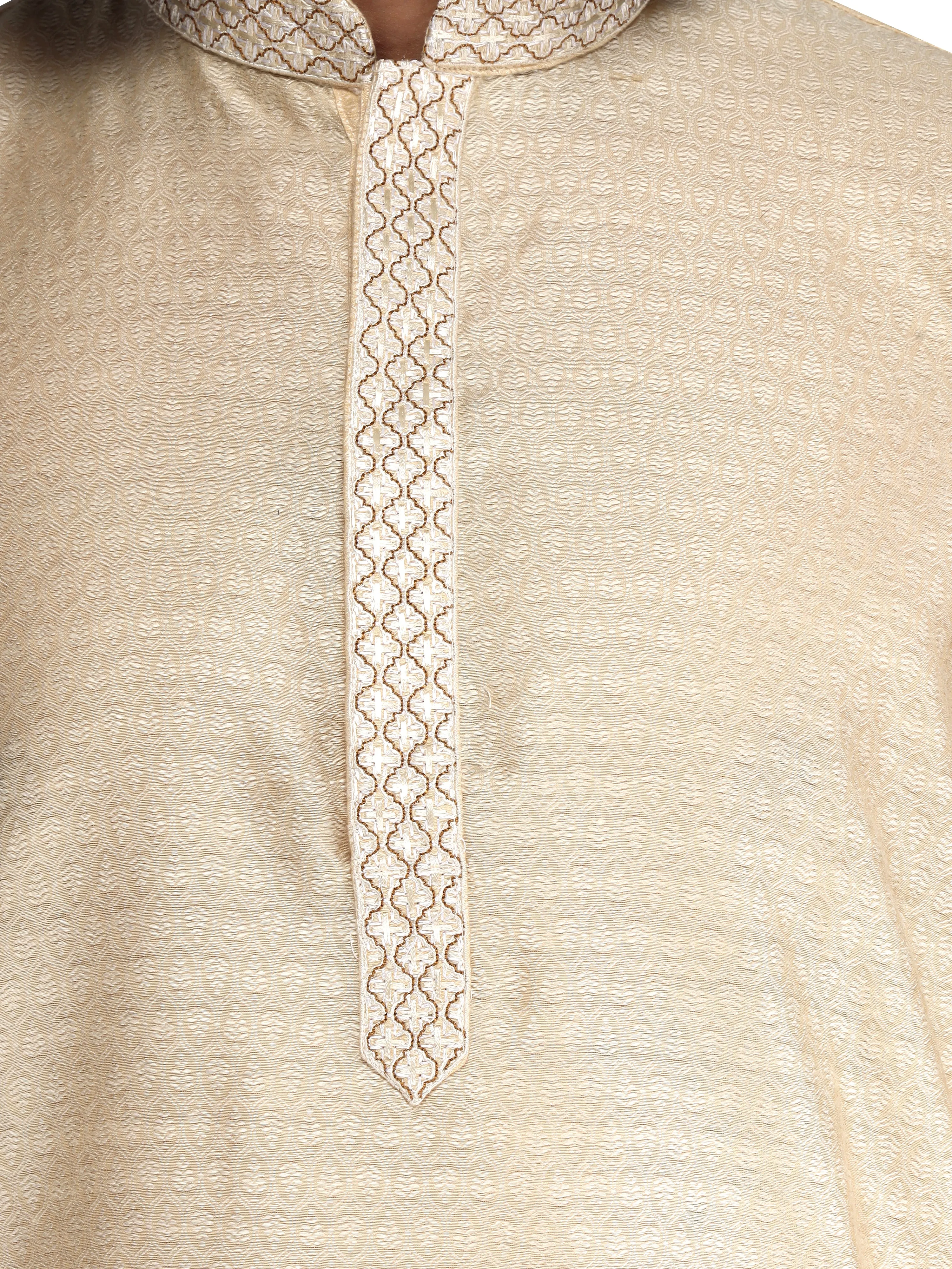 Klassic Men's Cotton Silk Blend Beige Regular Fit Kurta with Floral Neck Detailing