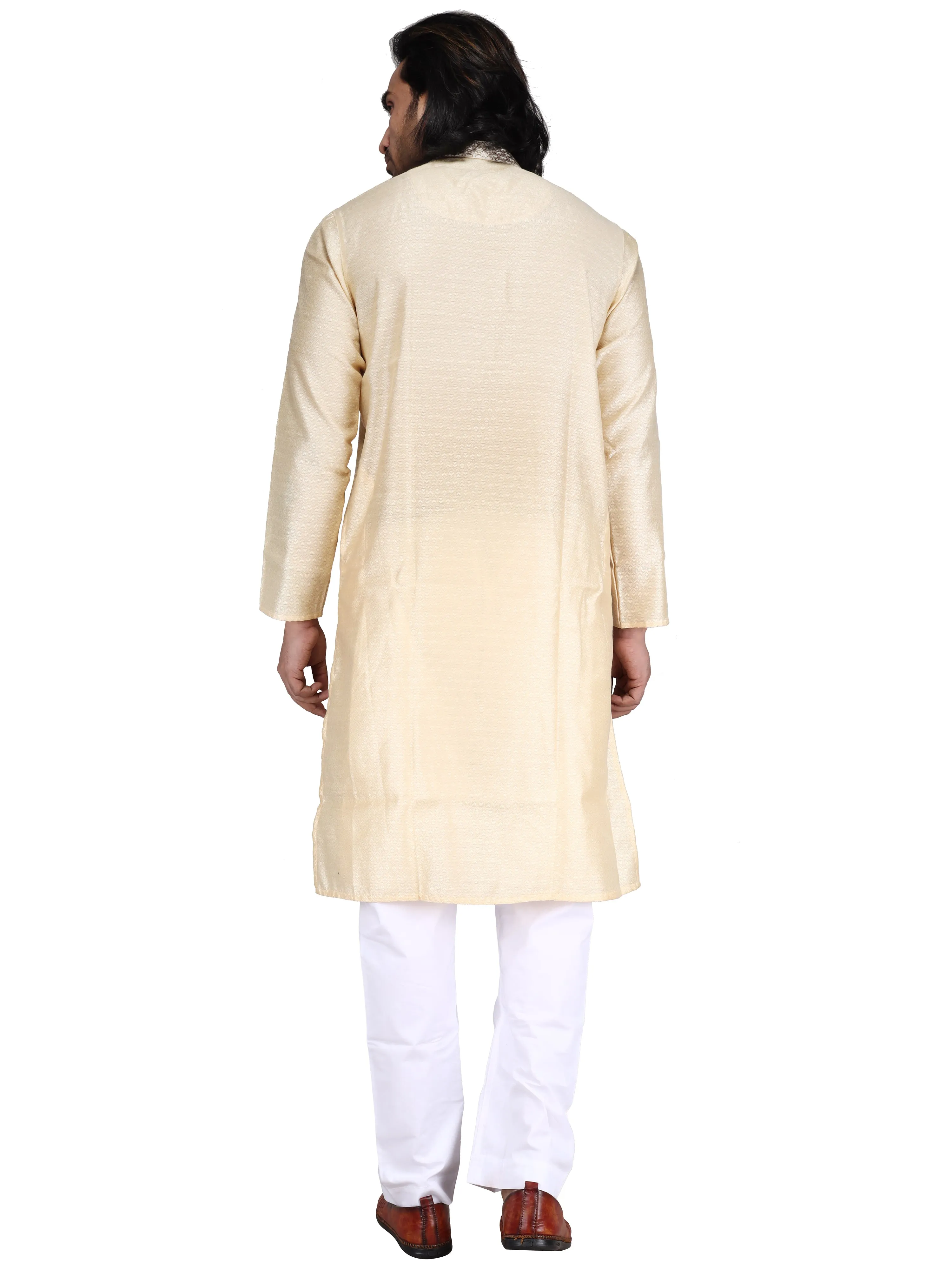 Klassic Men's Cotton Silk Blend Beige Regular Fit Kurta with Floral Neck Detailing