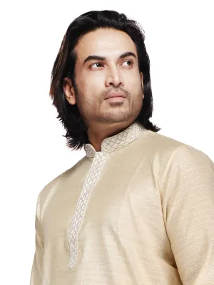 Klassic Men's Cotton Silk Blend Beige Regular Fit Kurta with Floral Neck Detailing