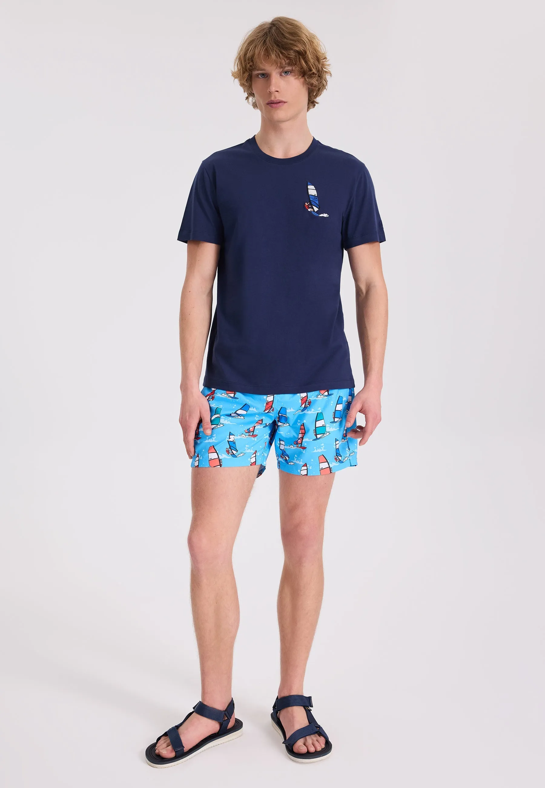 Lacivert Baskılı Bisiklet Yaka Pamuklu Regular Fit Erkek T-Shirt WMEMBROIDERY SURFER