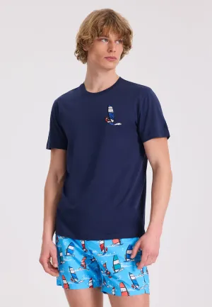 Lacivert Baskılı Bisiklet Yaka Pamuklu Regular Fit Erkek T-Shirt WMEMBROIDERY SURFER
