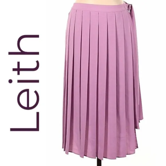 LEITH Barbiecore Power Pink Pleated Faux Wrap Midi Skirt, Size Small