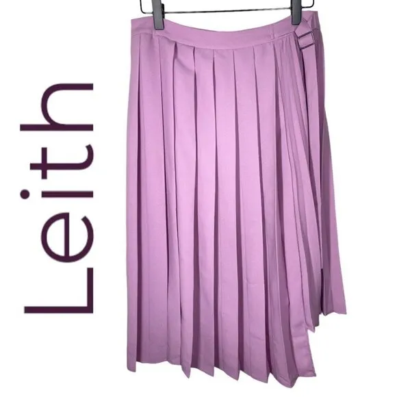 LEITH Barbiecore Power Pink Pleated Faux Wrap Midi Skirt, Size Small