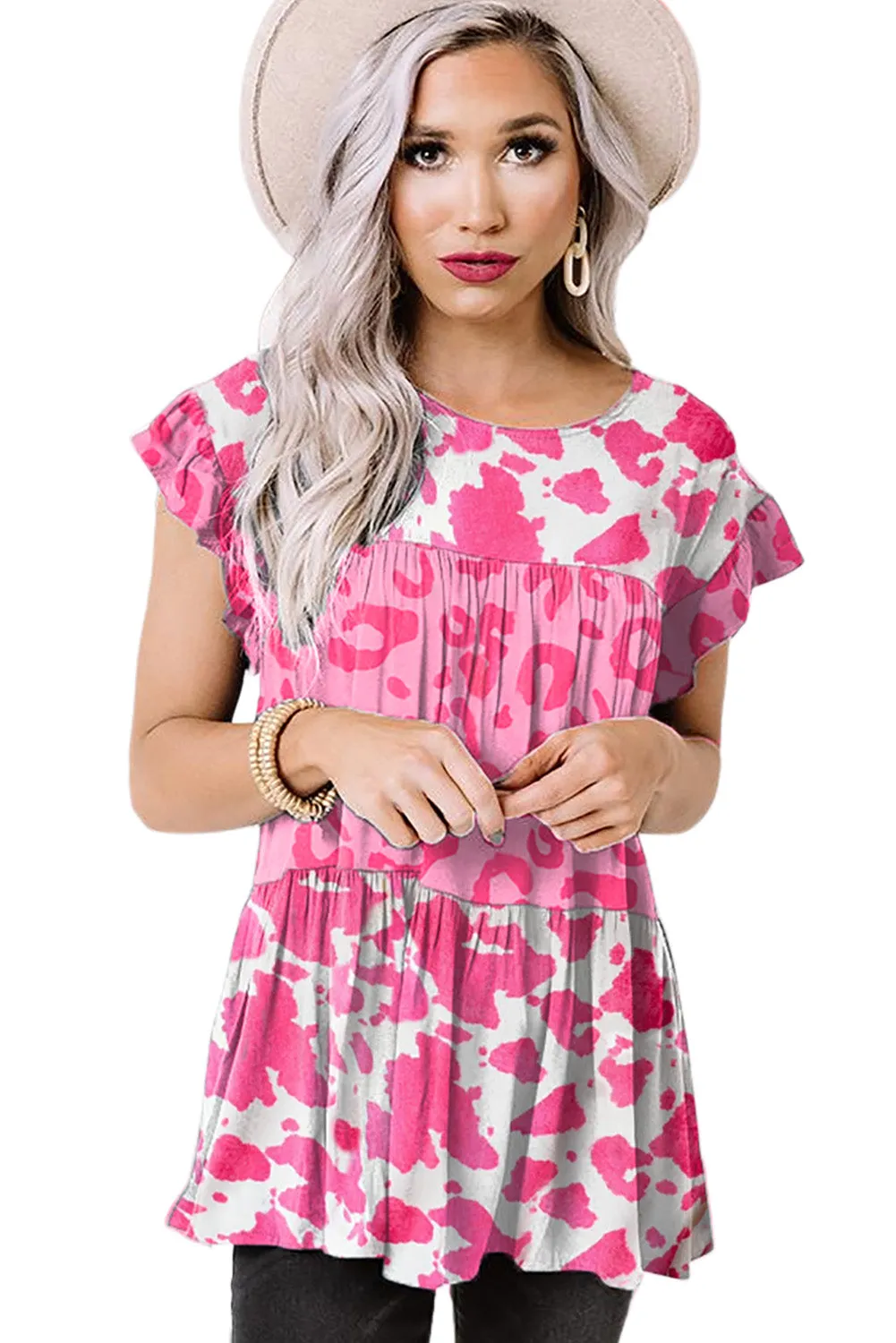 Leopard Cow Spots Tiered Ruffle Blouse