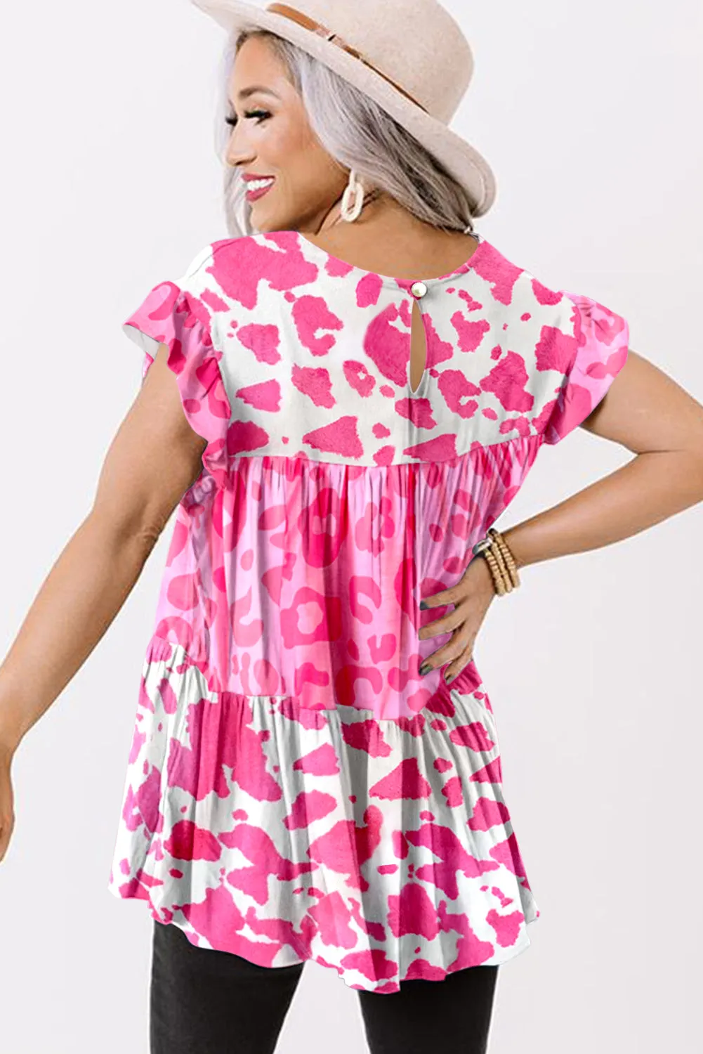Leopard Cow Spots Tiered Ruffle Blouse