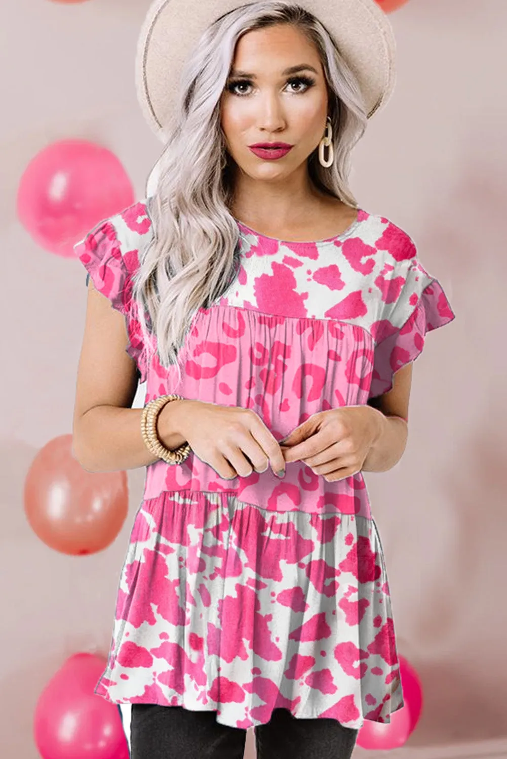 Leopard Cow Spots Tiered Ruffle Blouse