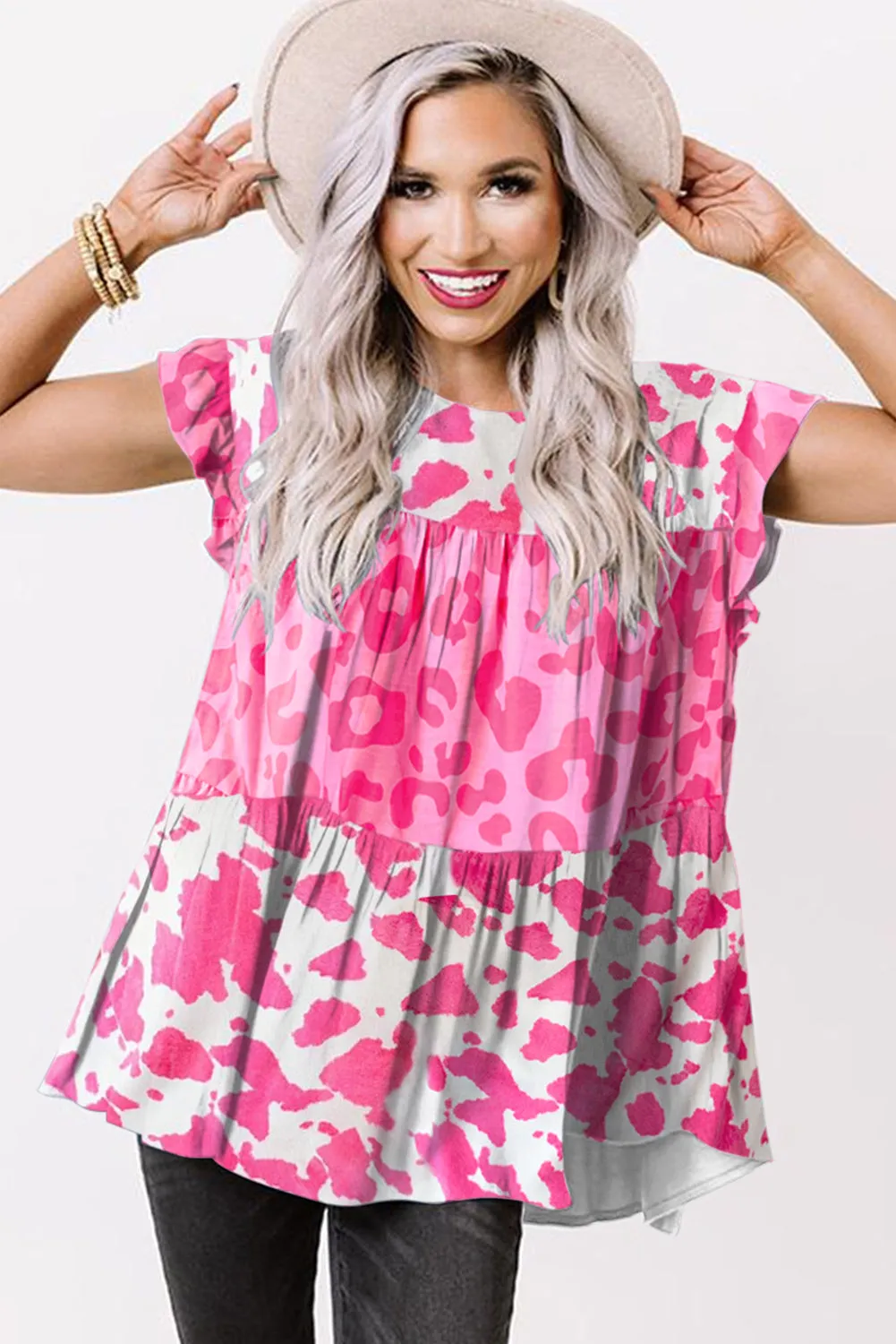 Leopard Cow Spots Tiered Ruffle Blouse
