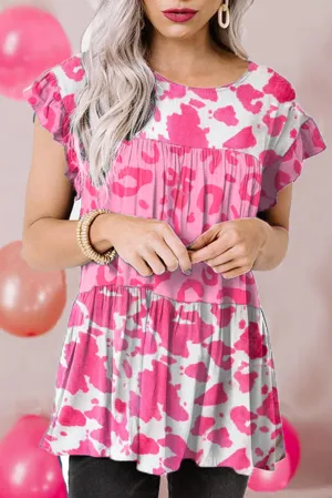 Leopard Cow Spots Tiered Ruffle Blouse